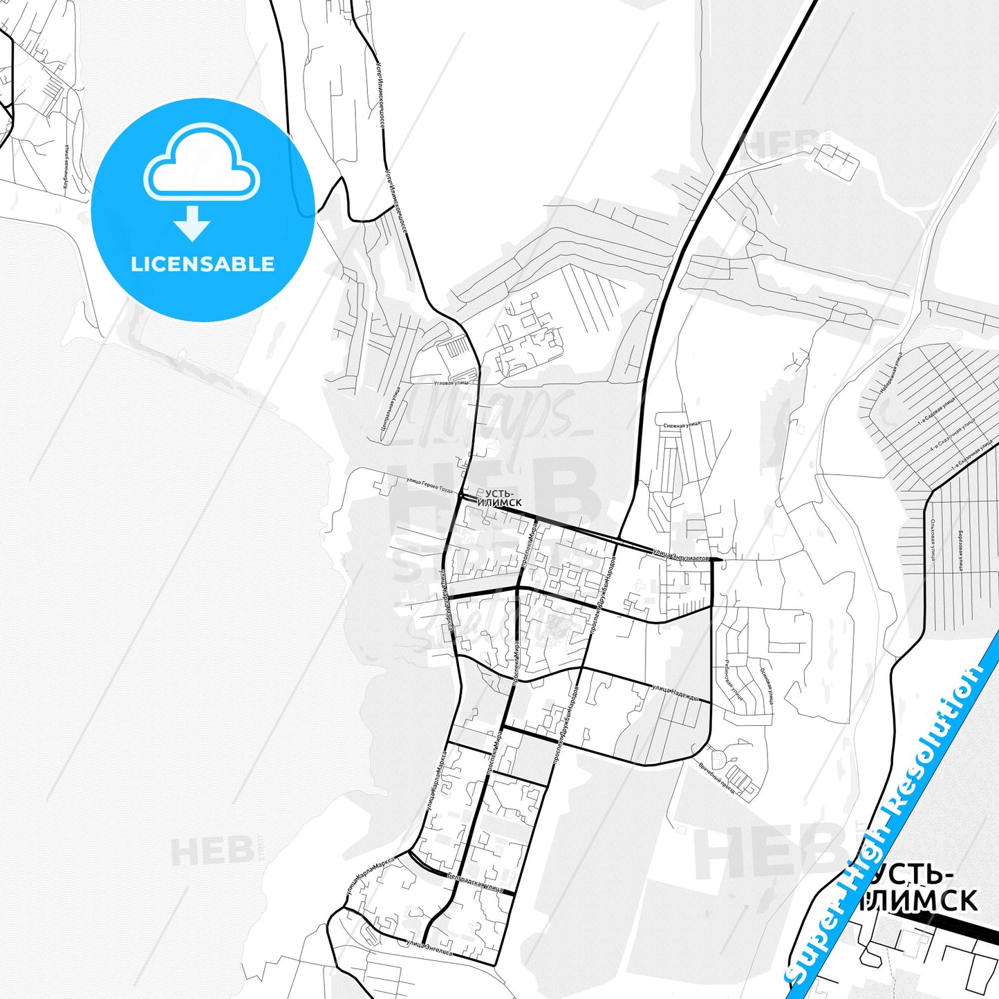 Ust-Ilimsk, Russia Light Map with Street Names, City Names, and Districts