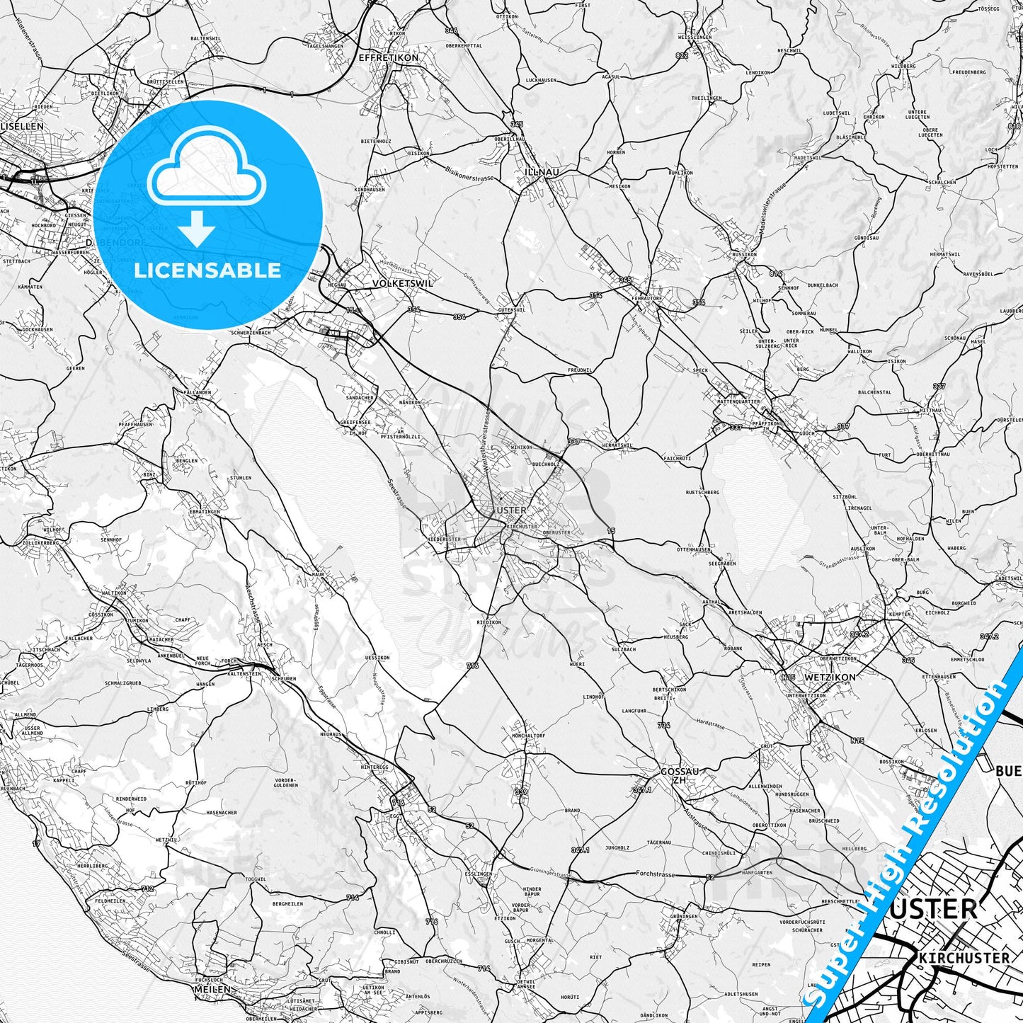 Uster, Switzerland light map with streetnames, citynames and districts