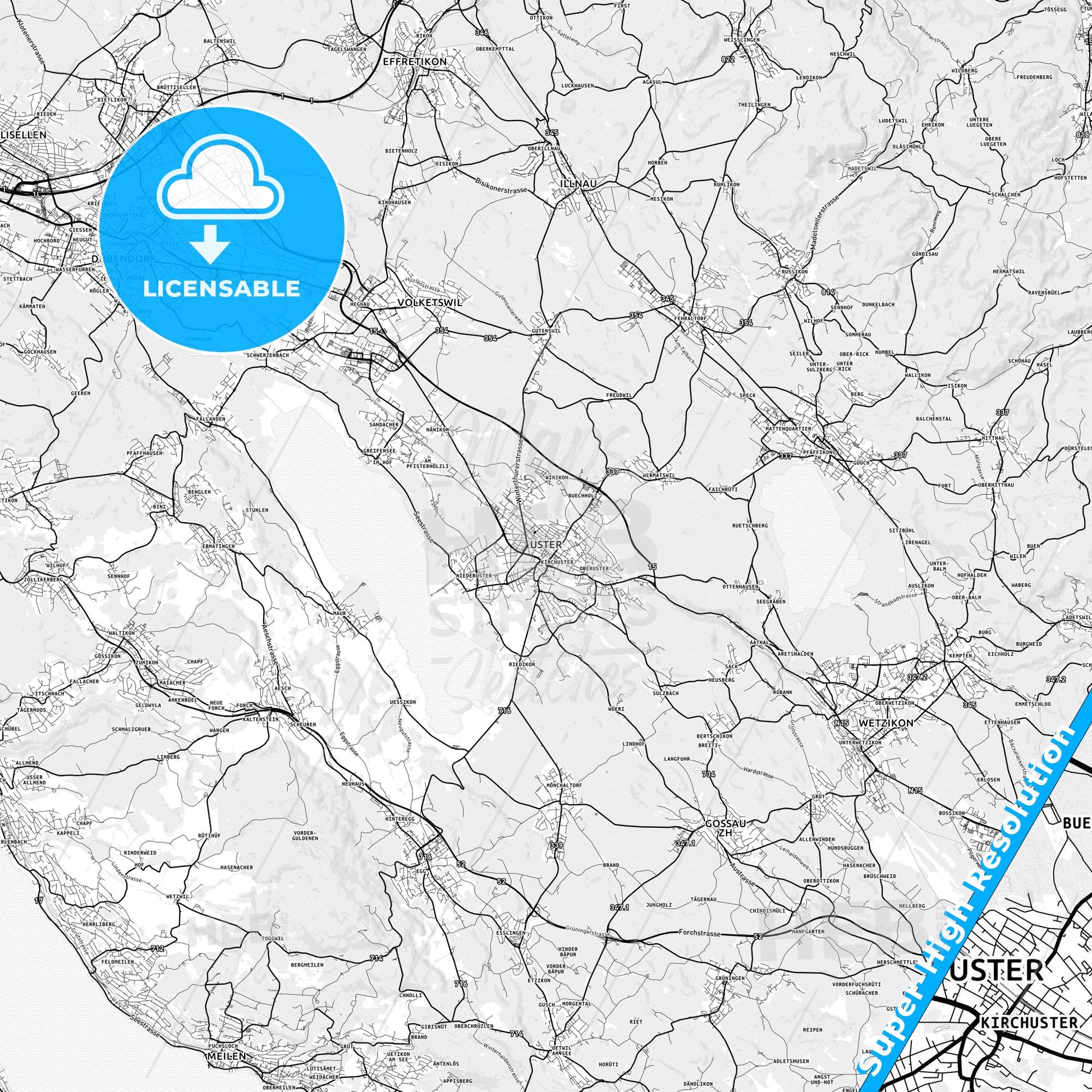 Uster, Switzerland light map with streetnames, citynames and districts