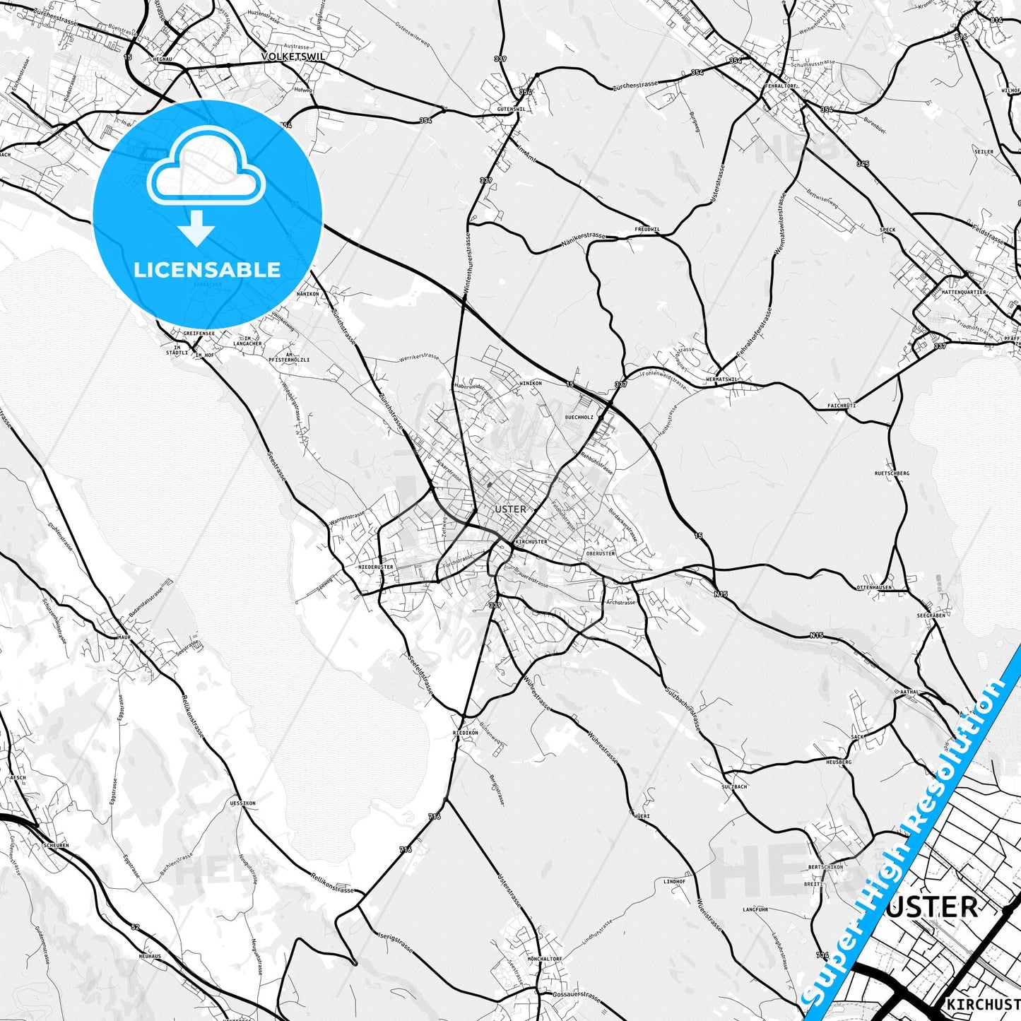 Uster, Switzerland Light Map with Street Names, City Names, and Districts