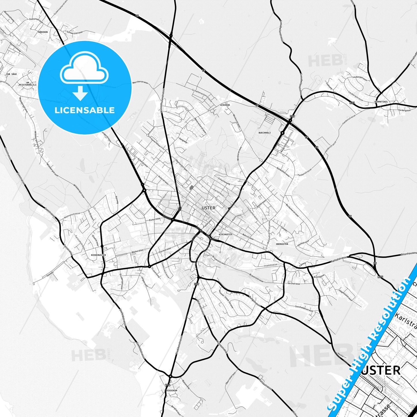 Uster, Switzerland Light Map with Street Names, City Names, and Districts