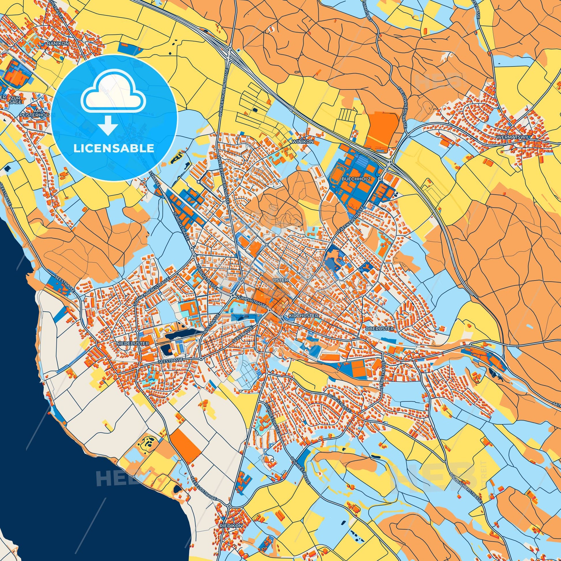 Colorful Uster Street Map with Labels and Buildings
