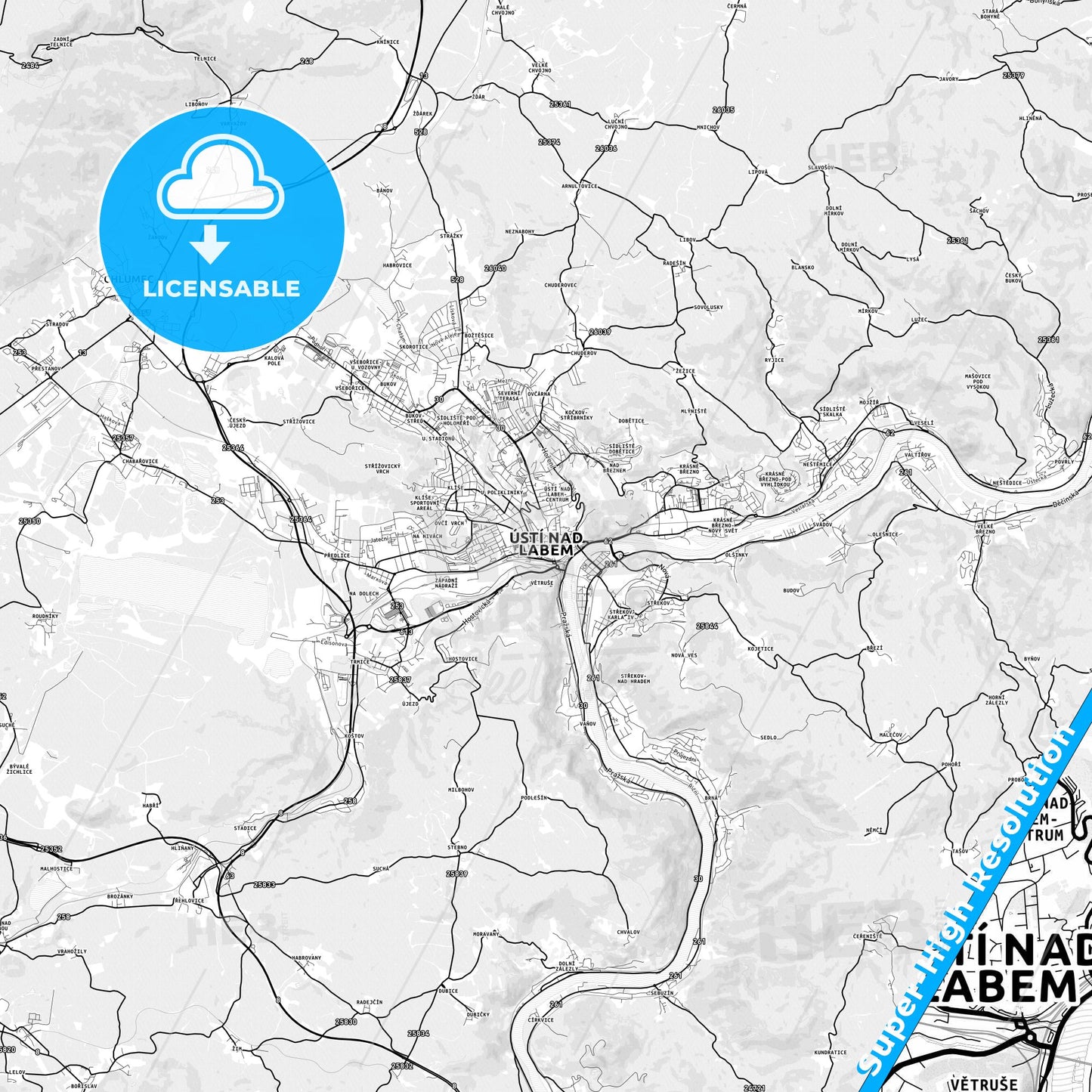 Ústí nad Labem, Czechia light map with streetnames, citynames and districts
