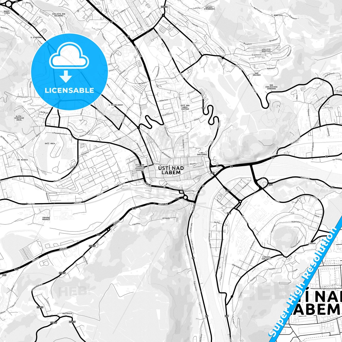 Ústí nad Labem, Czechia Light Map with Street Names, City Names, and Districts