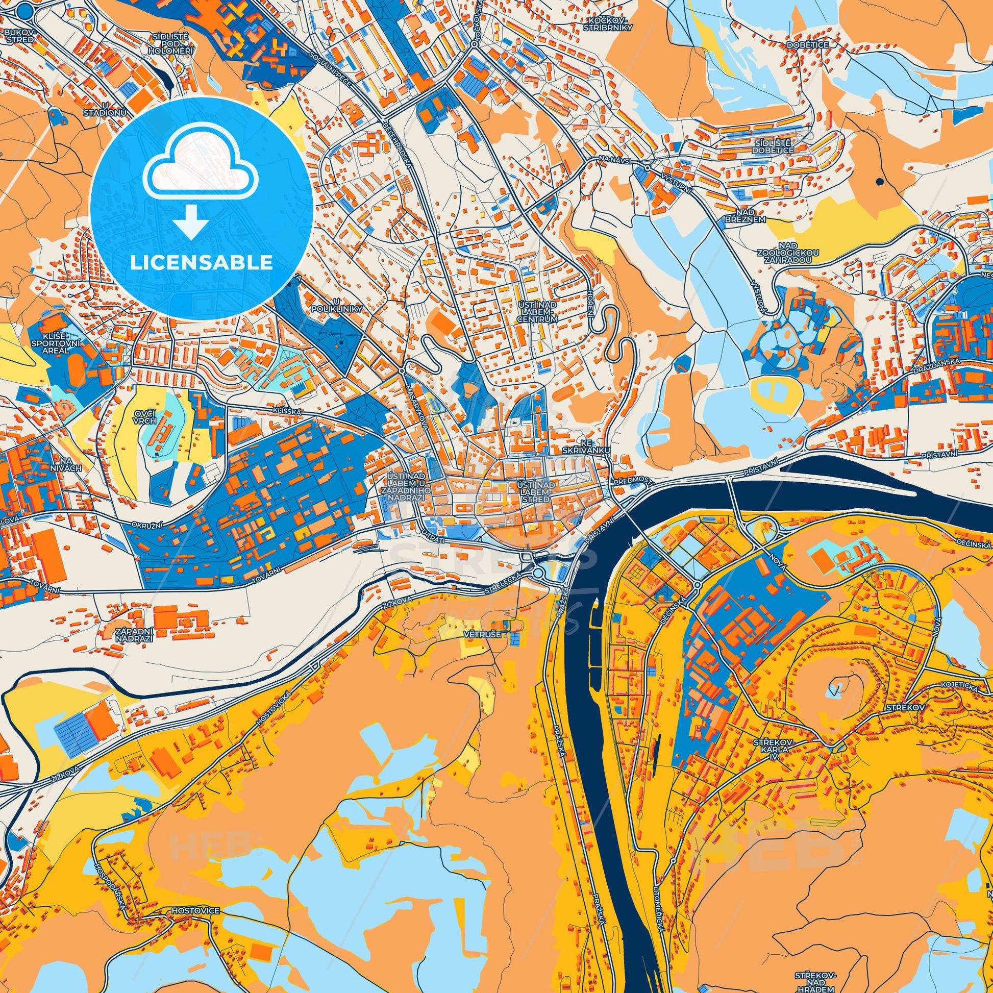 Colorful Ústí nad Labem Street Map with Labels and Buildings