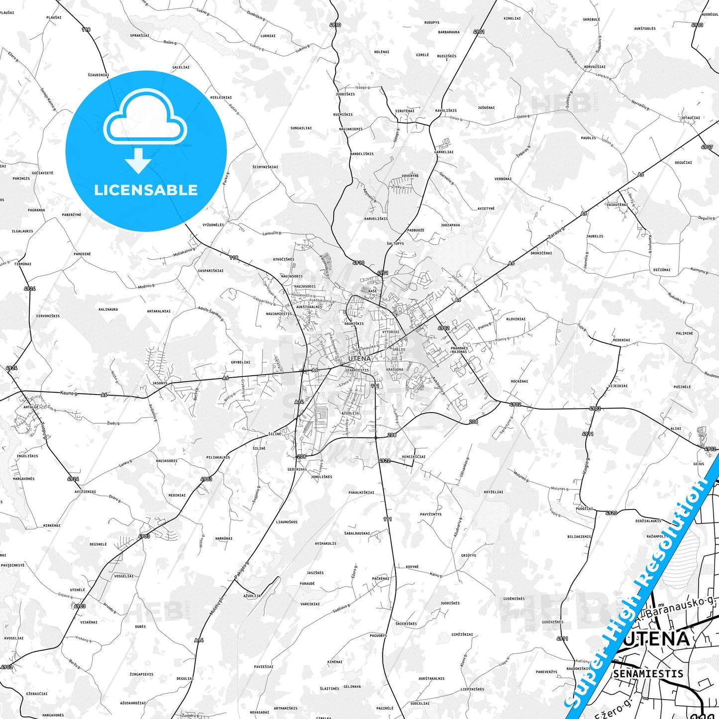 Utena, Lithuania light map with streetnames, citynames and districts