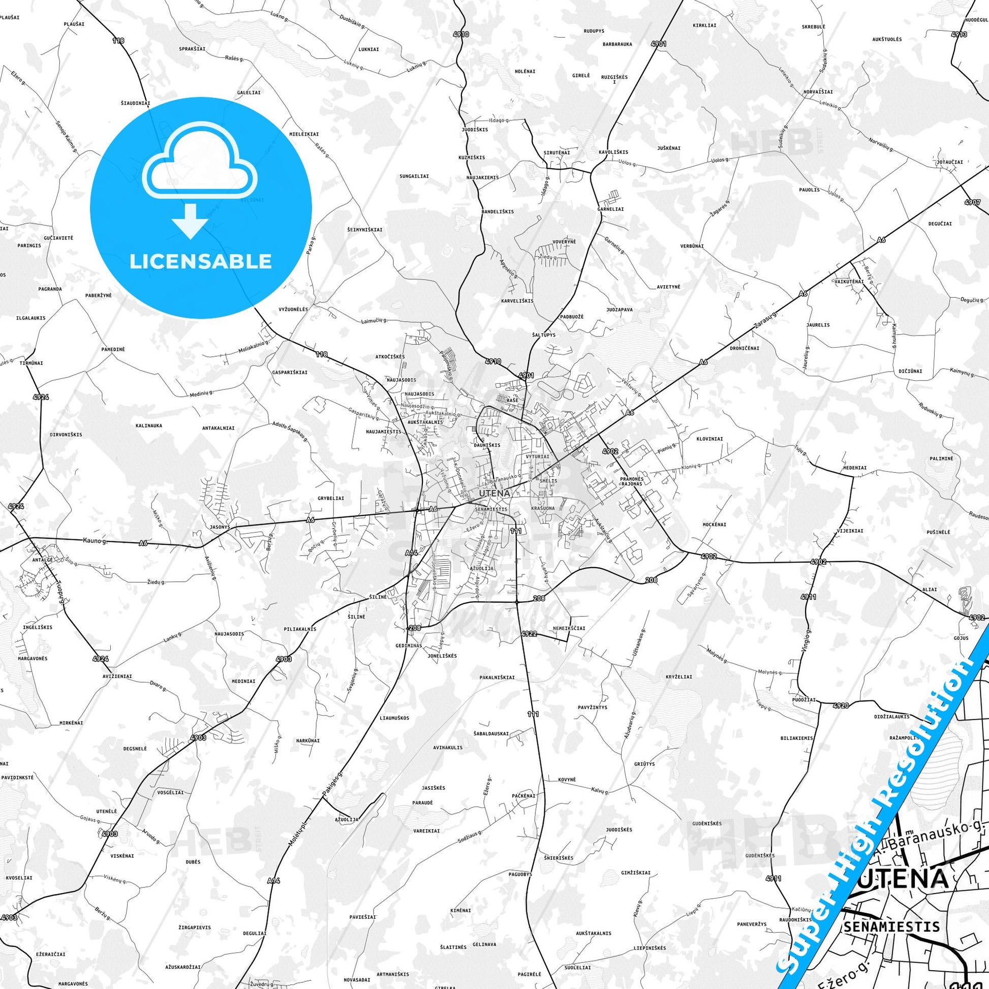 Utena, Lithuania light map with streetnames, citynames and districts