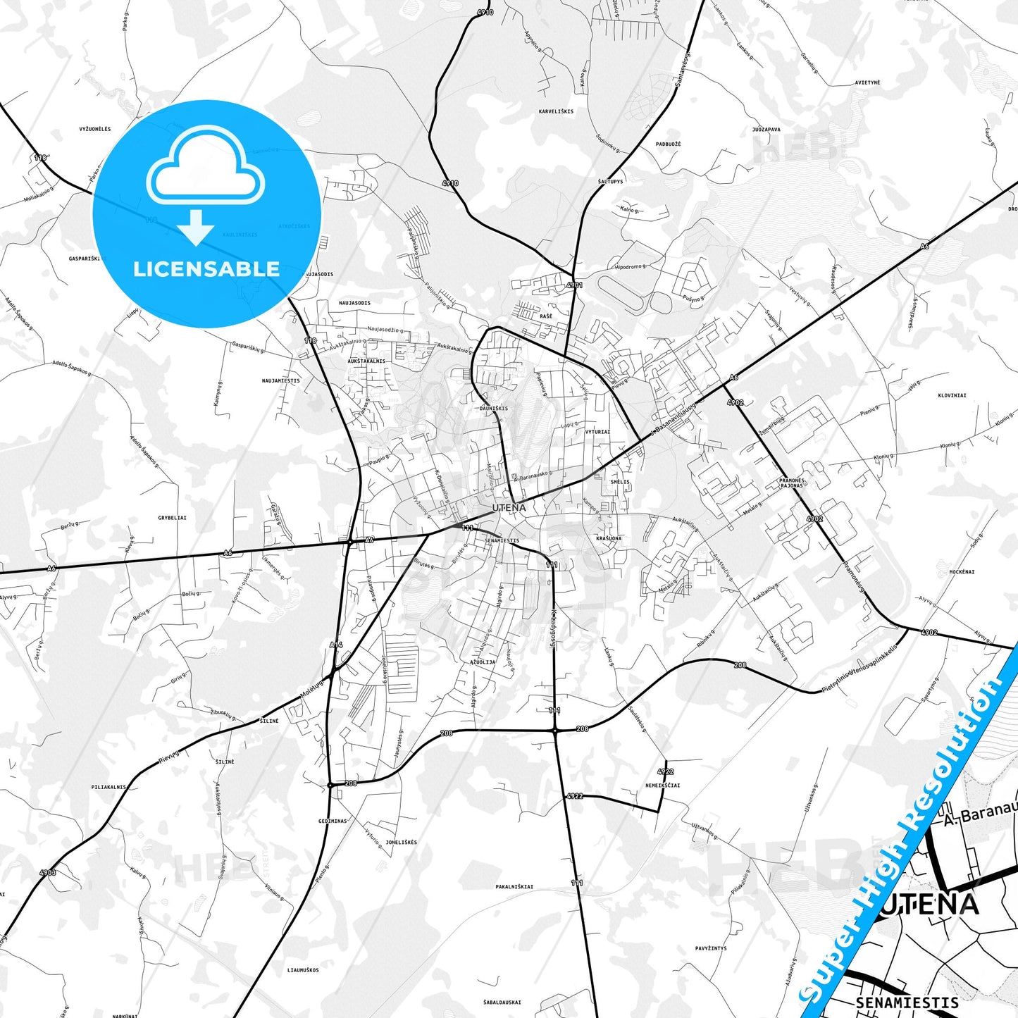 Utena, Lithuania Light Map with Street Names, City Names, and Districts