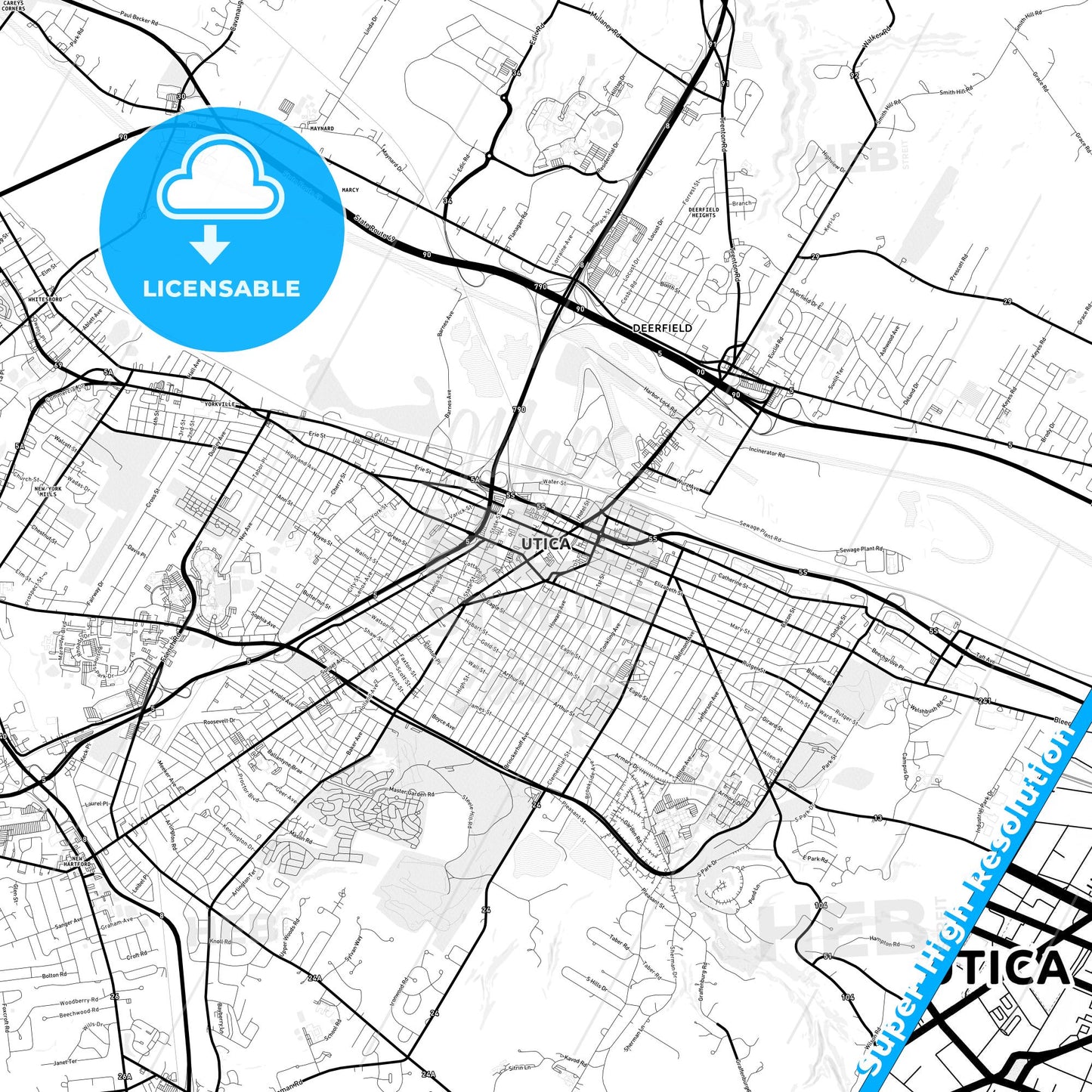 Utica, New York Light Map with Street Names, City Names, and Districts
