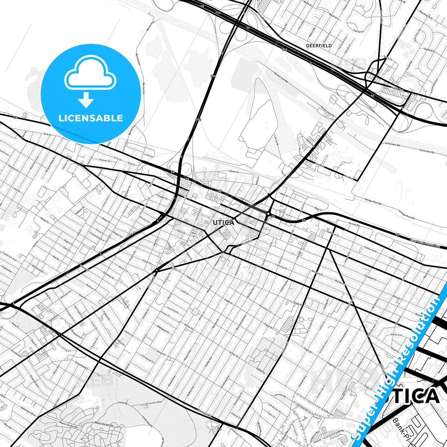 Utica, New York Light Map with Street Names, City Names, and Districts