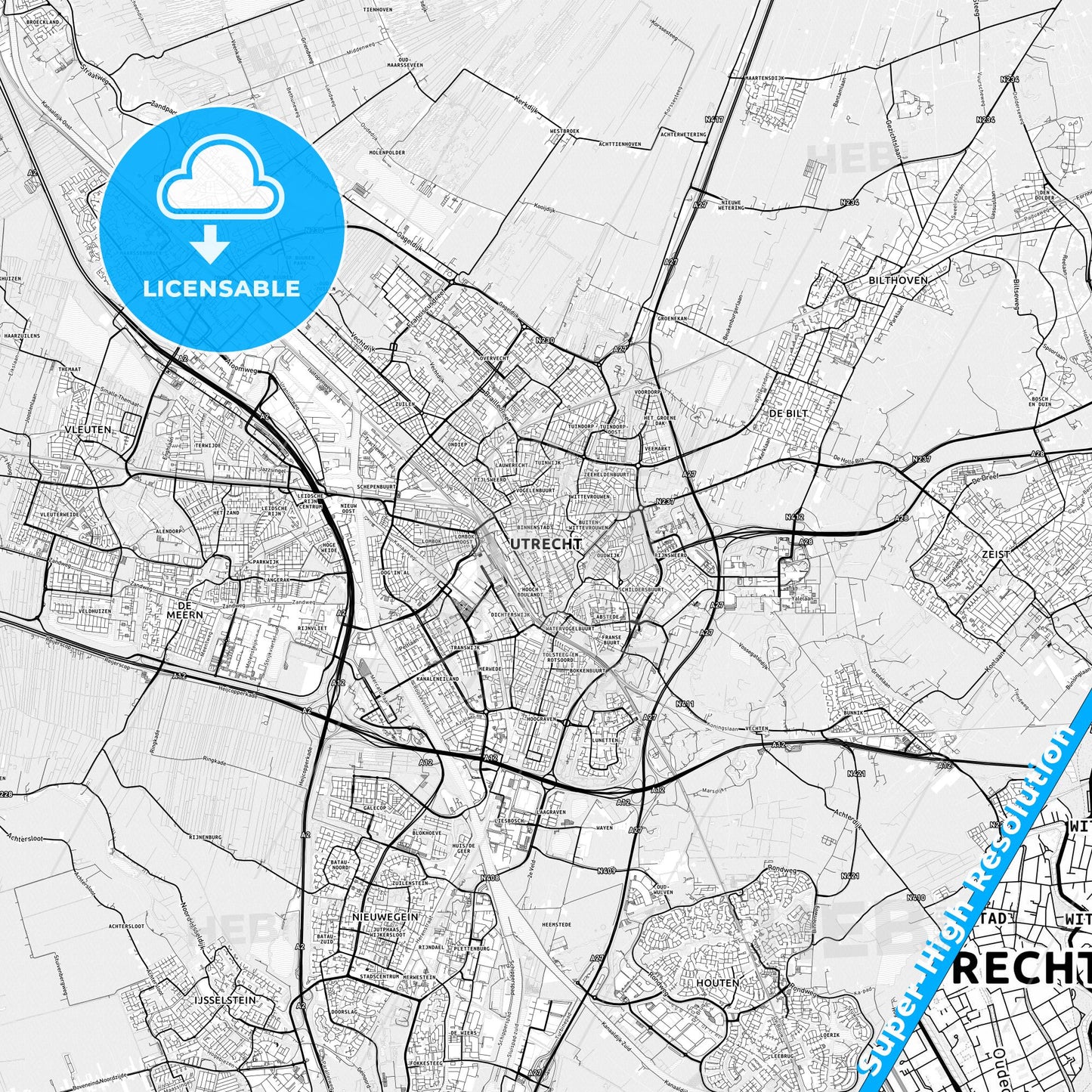 Utrecht, Netherlands light map with streetnames, citynames and districts