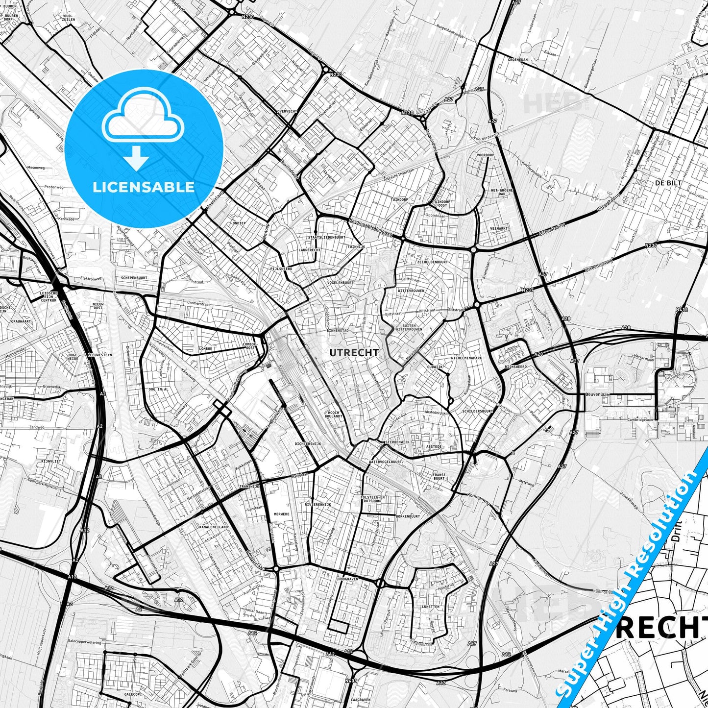 Utrecht, Netherlands Light Map with Street Names, City Names, and Districts