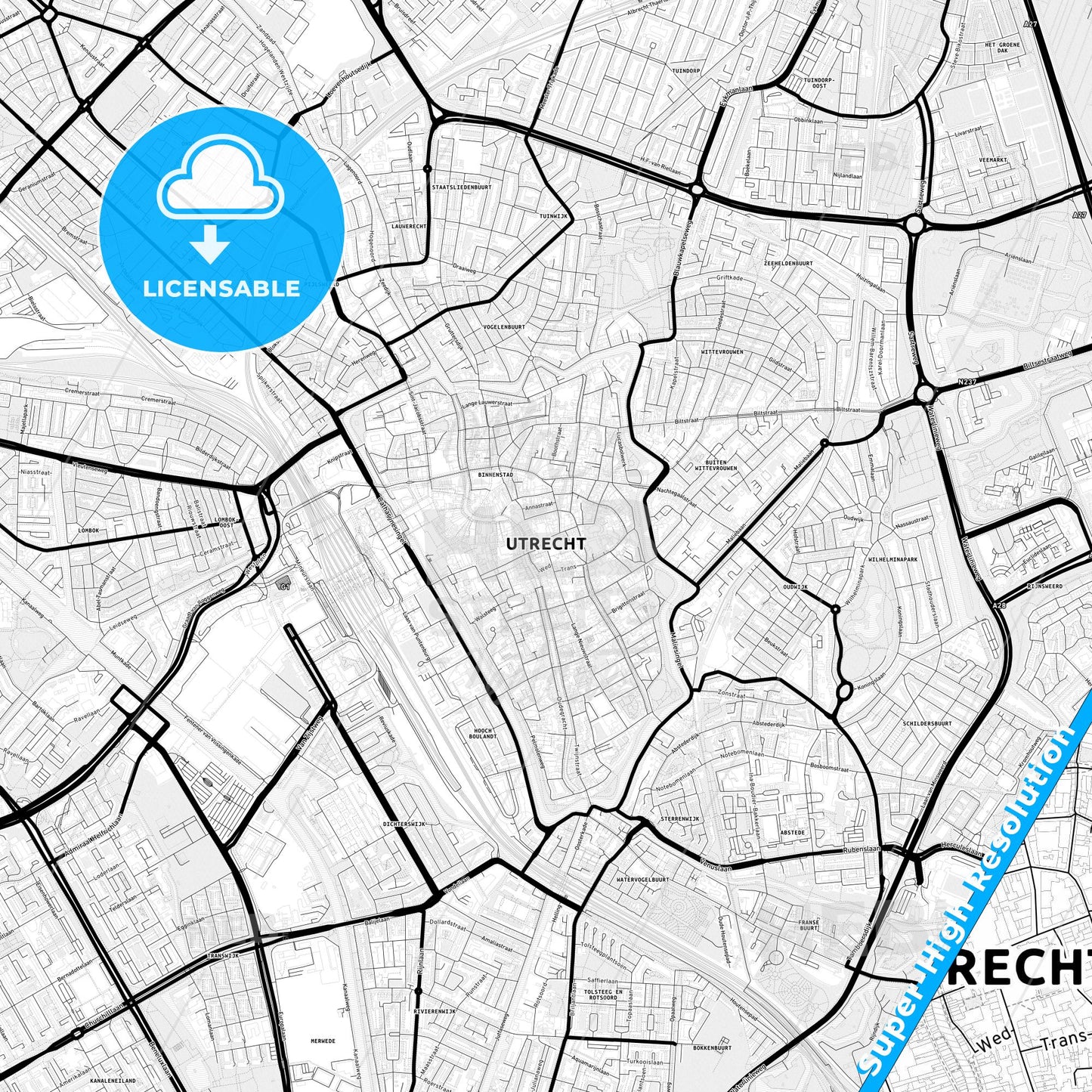 Utrecht, Netherlands Light Map with Street Names, City Names, and Districts