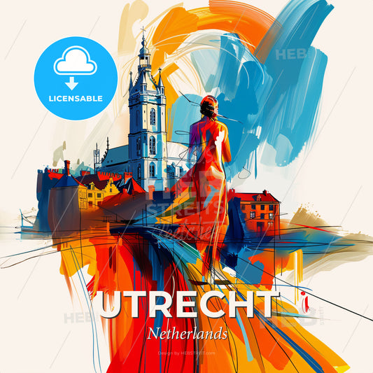 Vibrant Utrecht, Netherlands - A Painting Of A Woman Walking On A Bridge - Square format print template