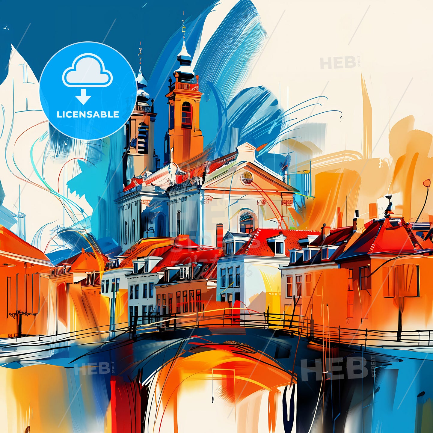 Vibrant Utrecht, Netherlands - A Painting Of A Building With A Bridge And A River