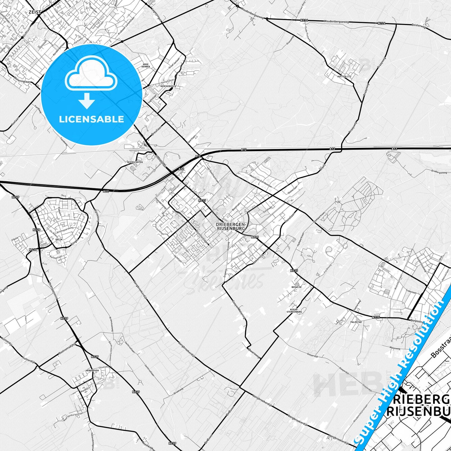 Utrechtse Heuvelrug, Netherlands Light Map with Street Names, City Names, and Districts