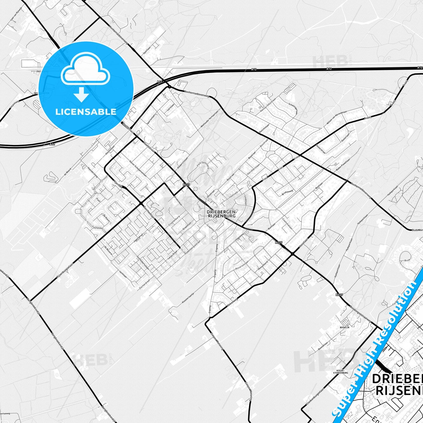 Utrechtse Heuvelrug, Netherlands Light Map with Street Names, City Names, and Districts