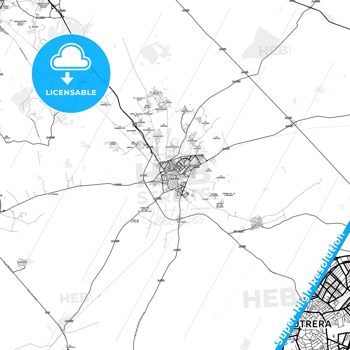 Utrera, Spain light map with streetnames, citynames and districts