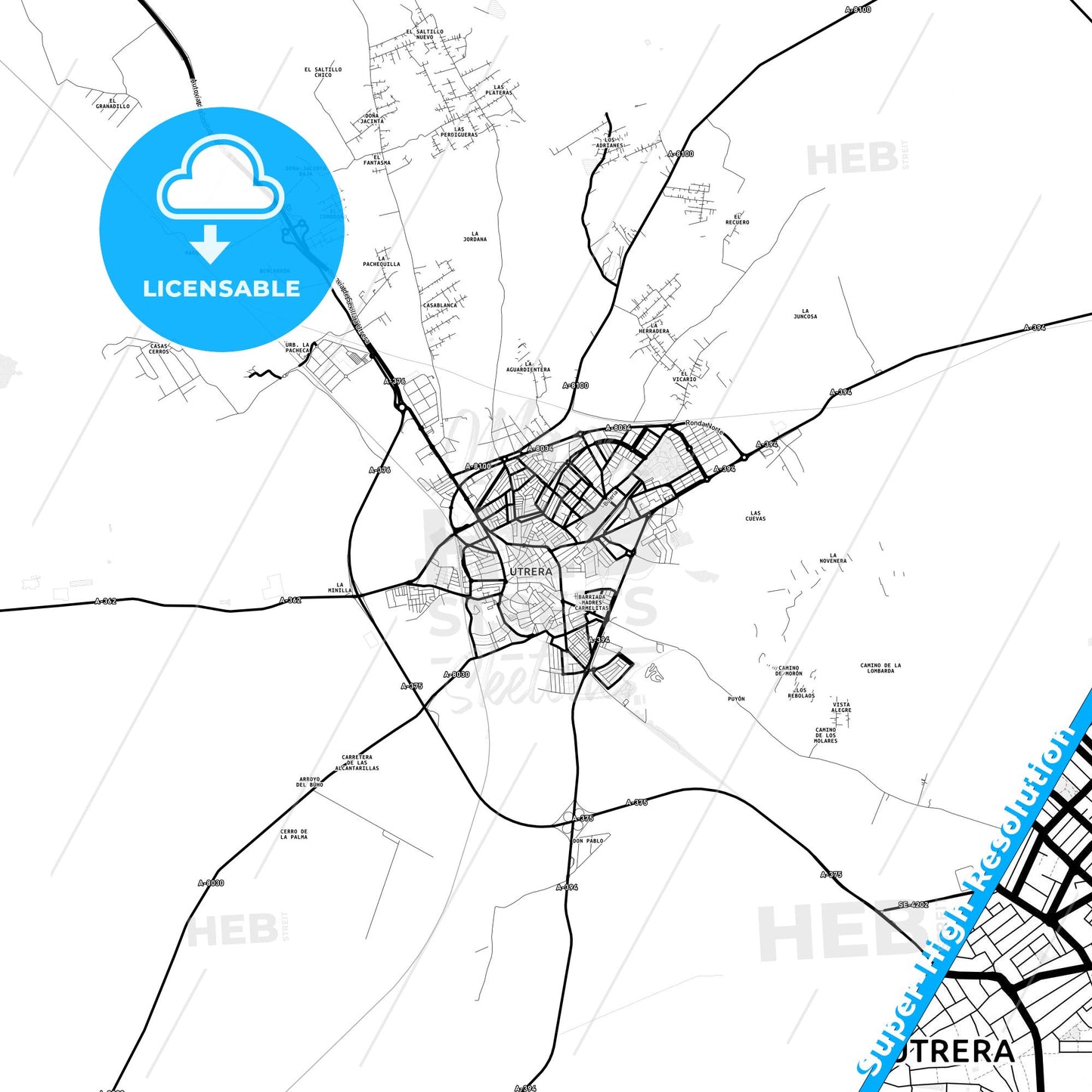 Utrera, Spain Light Map with Street Names, City Names, and Districts