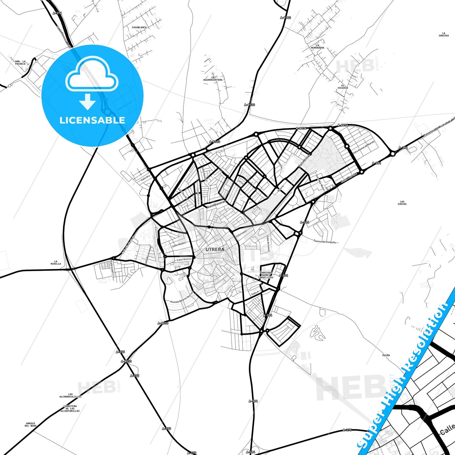 Utrera, Spain Light Map with Street Names, City Names, and Districts
