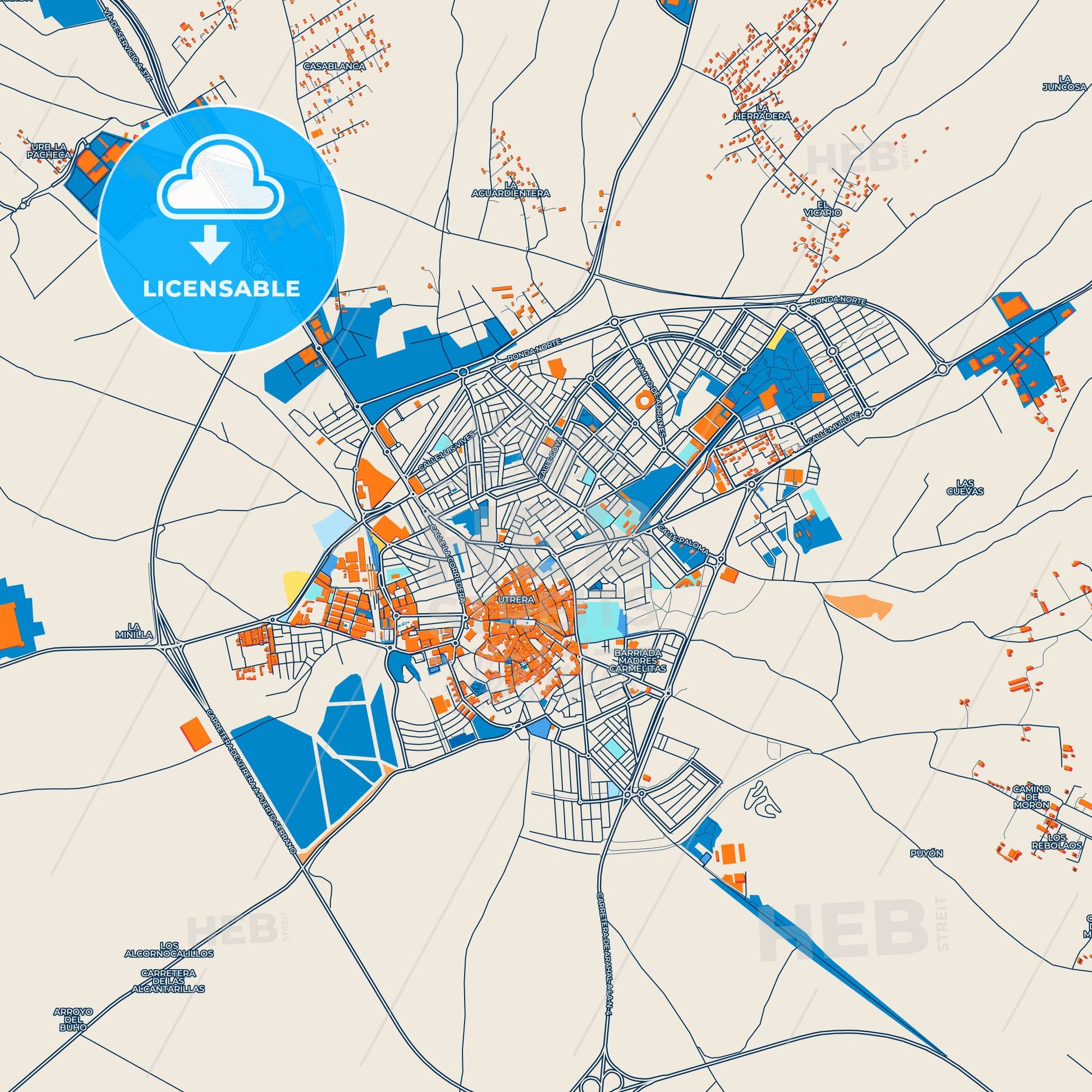 Colorful Utrera Street Map with Labels and Buildings