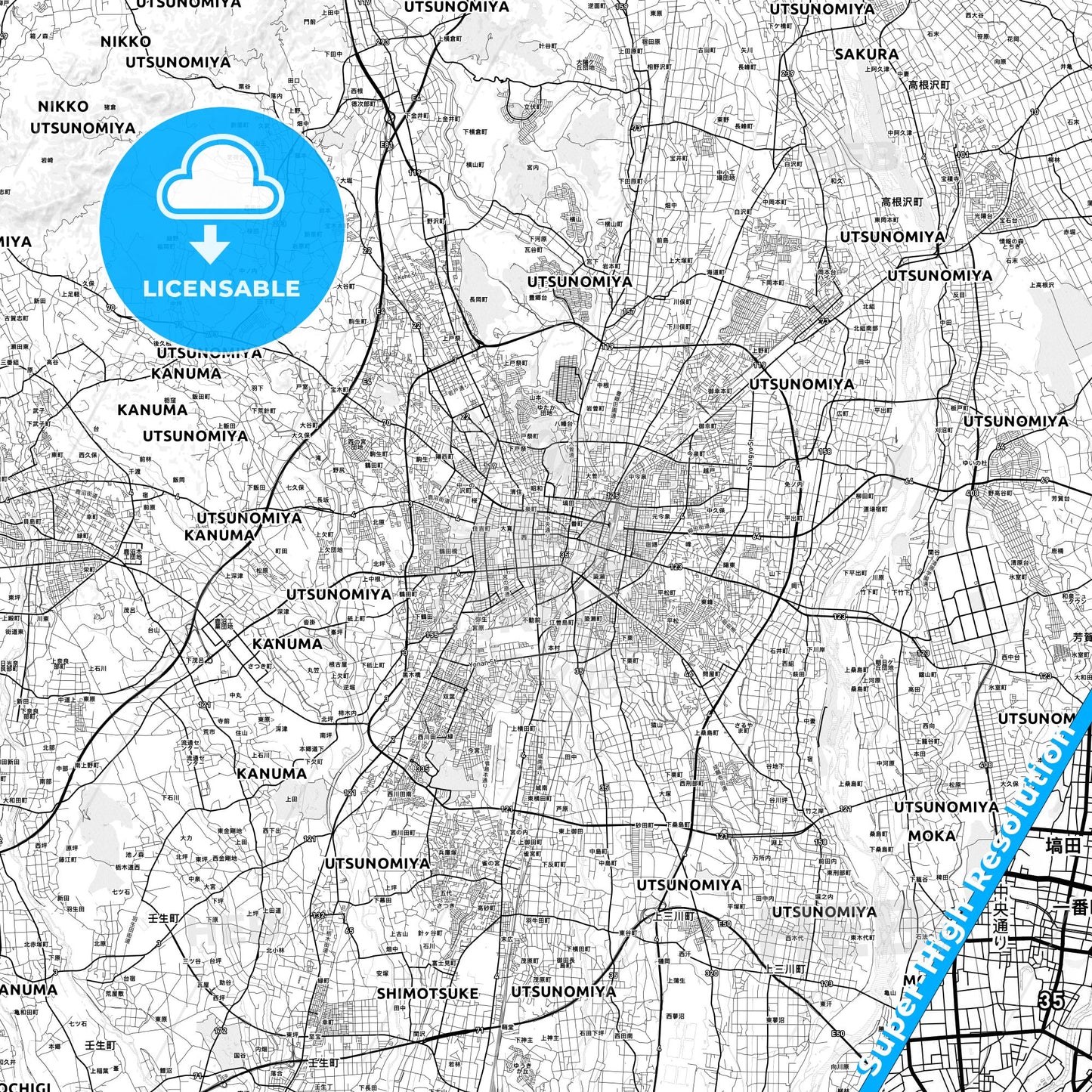Utsunomiya, Japan light map with streetnames, citynames and districts