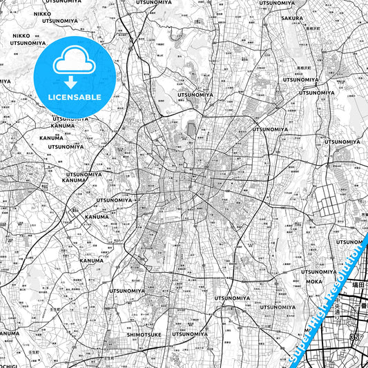 Utsunomiya, Japan light map with streetnames, citynames and districts