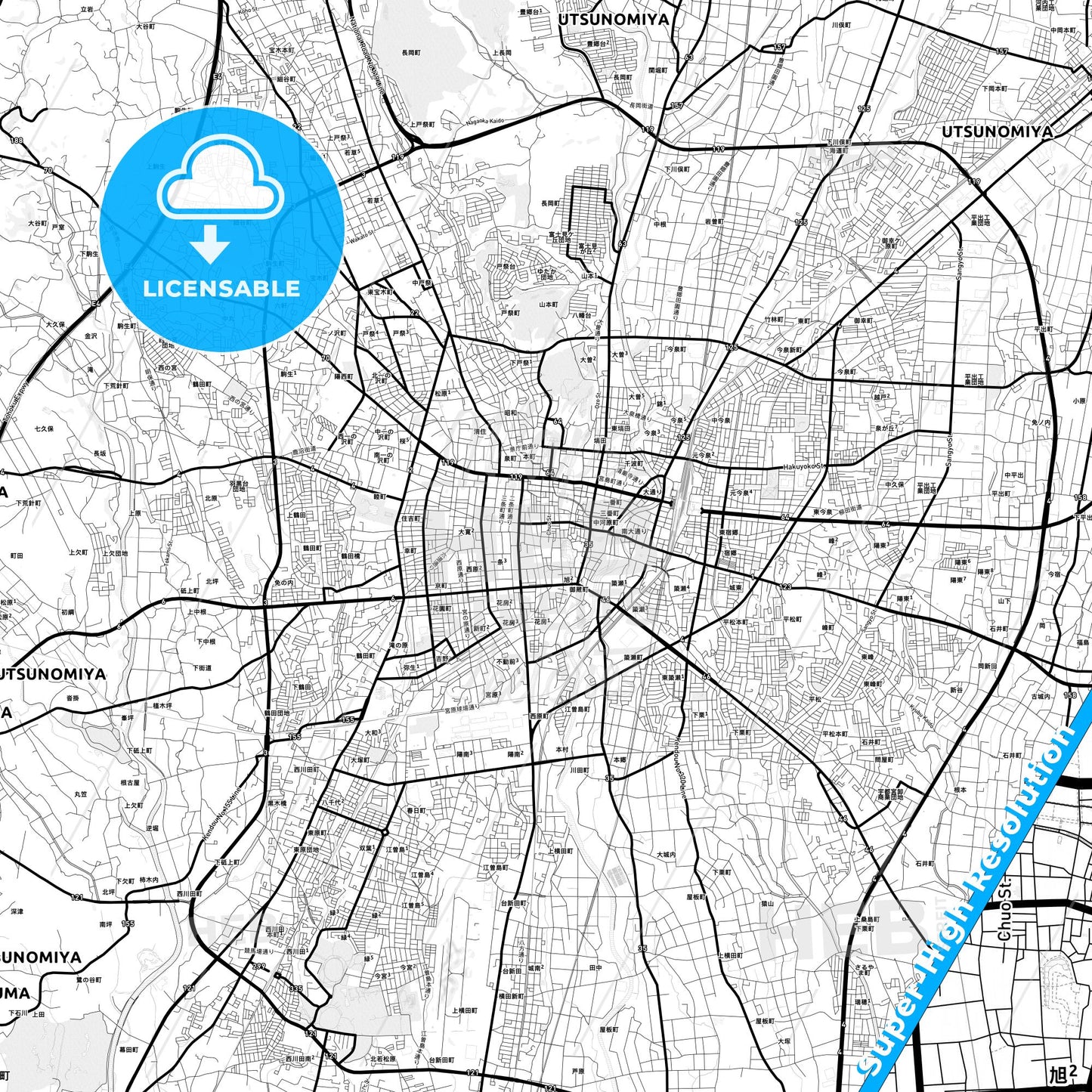 Utsunomiya, Japan Light Map with Street Names, City Names, and Districts