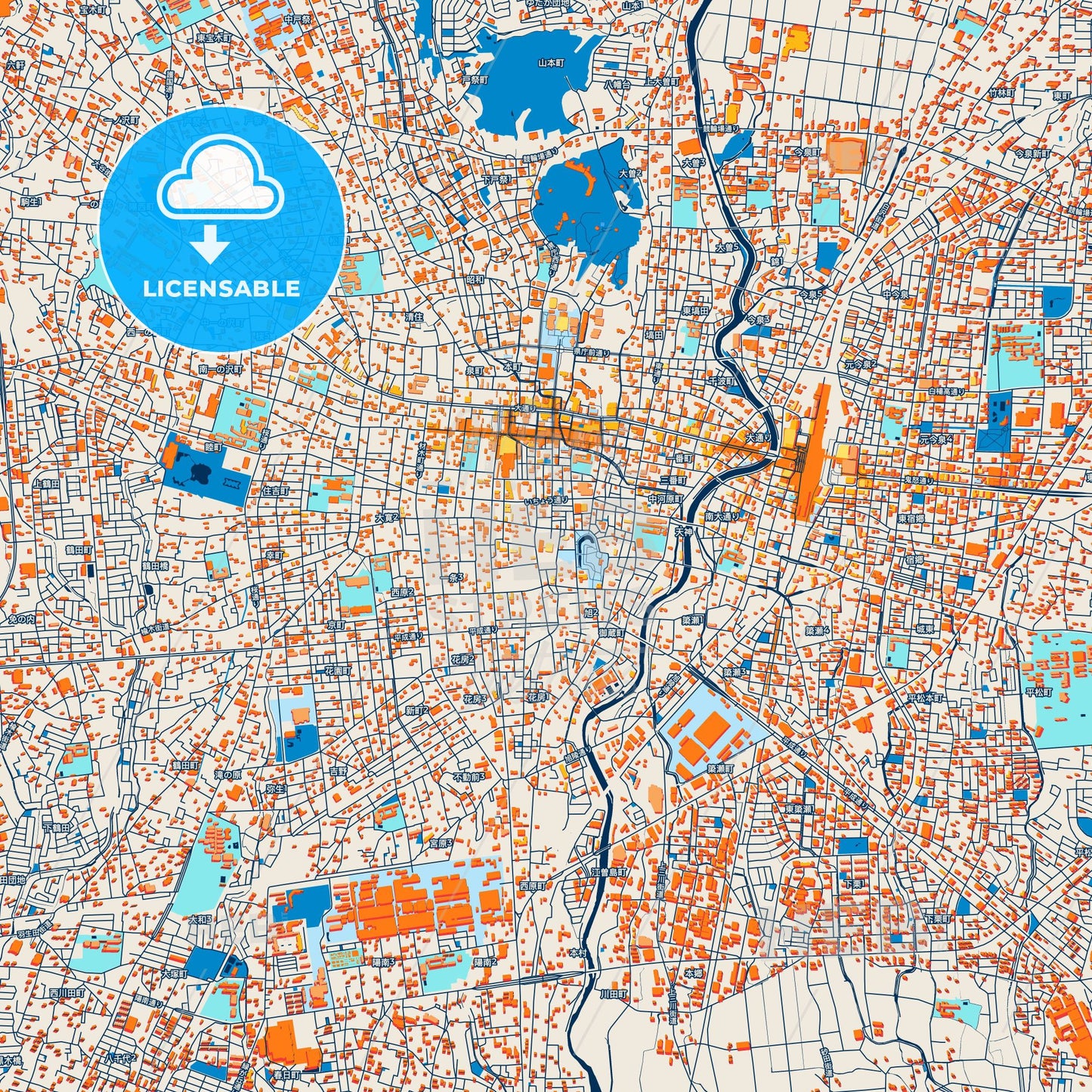 Colorful Utsunomiya Street Map with Labels and Buildings