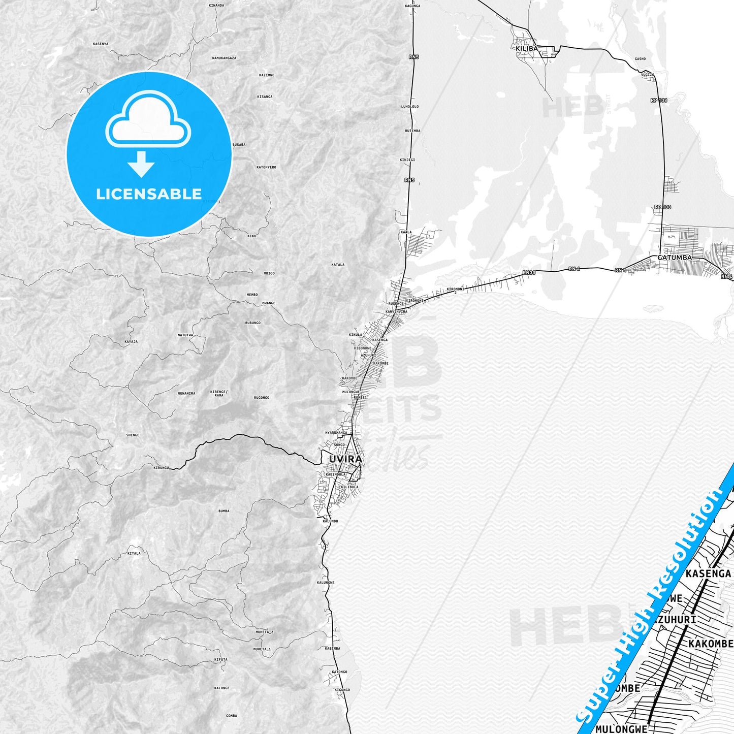 Uvira, DR Congo light map with streetnames, citynames and districts