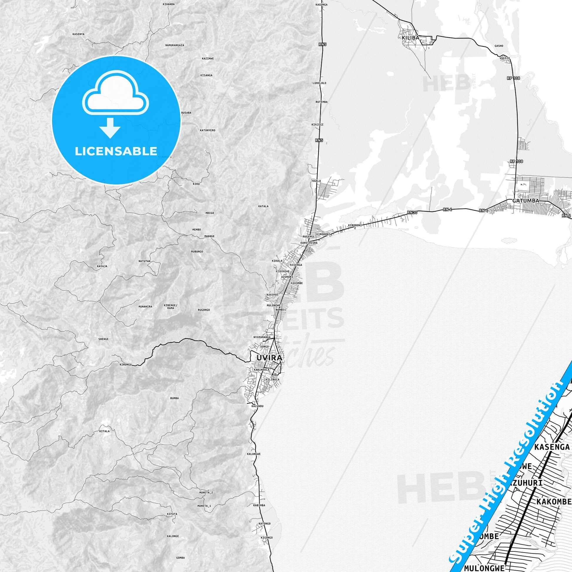 Uvira, DR Congo light map with streetnames, citynames and districts
