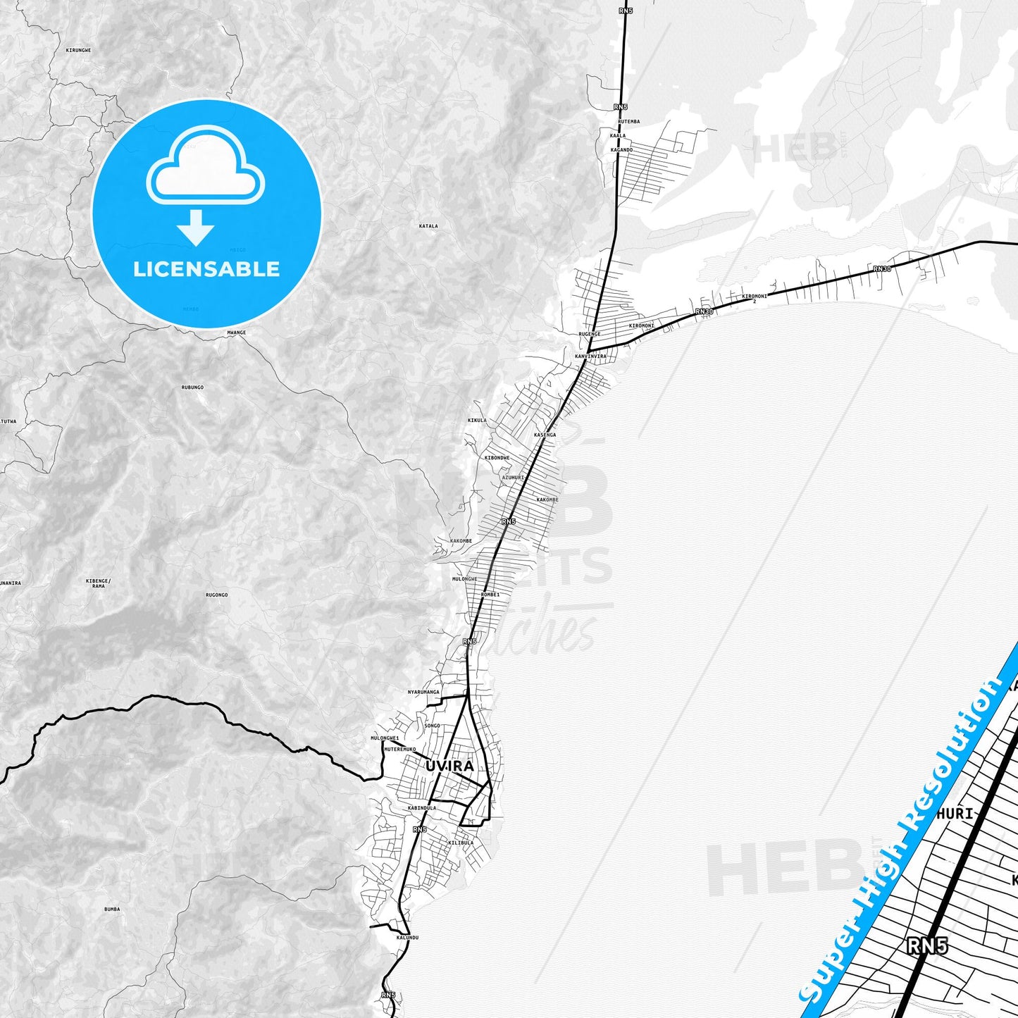 Uvira, DR Congo Light Map with Street Names, City Names, and Districts