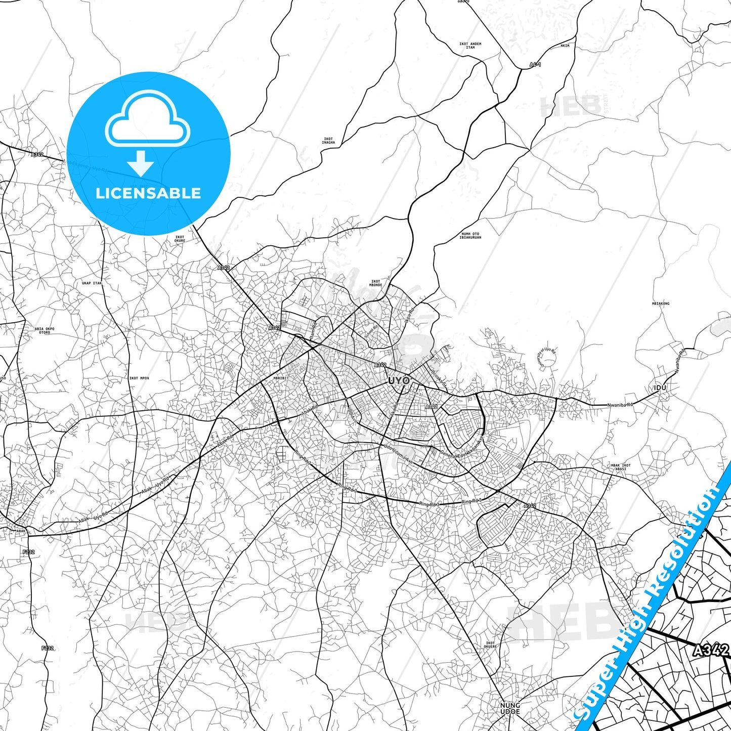 Uyo, Nigeria light map with streetnames, citynames and districts