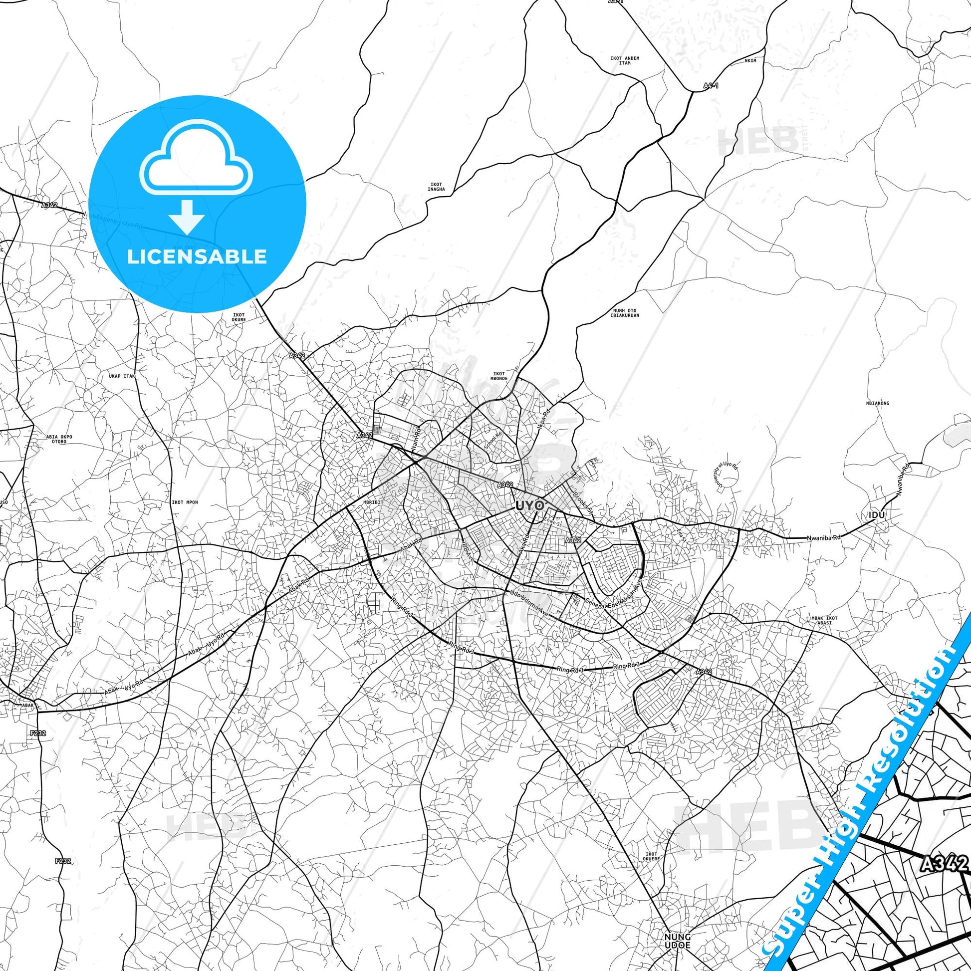 Uyo, Nigeria light map with streetnames, citynames and districts