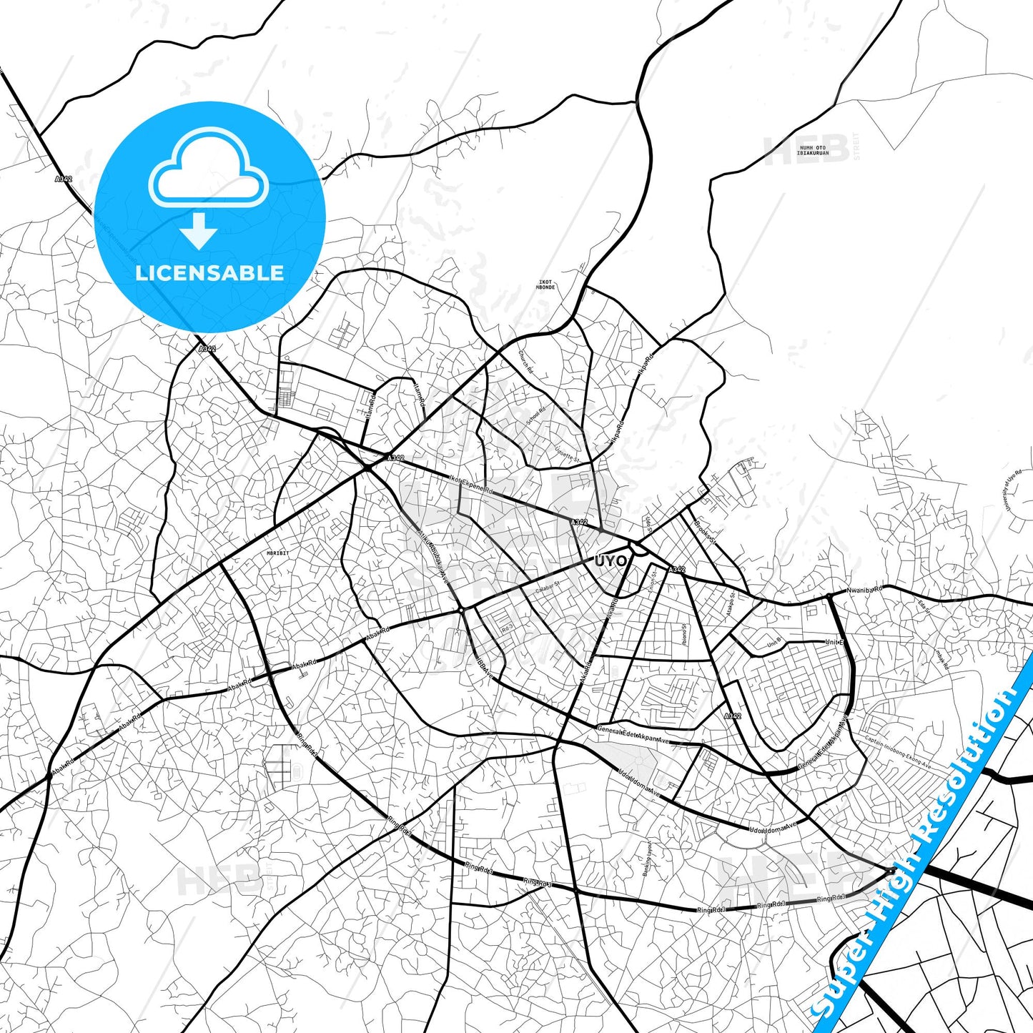 Uyo, Nigeria Light Map with Street Names, City Names, and Districts