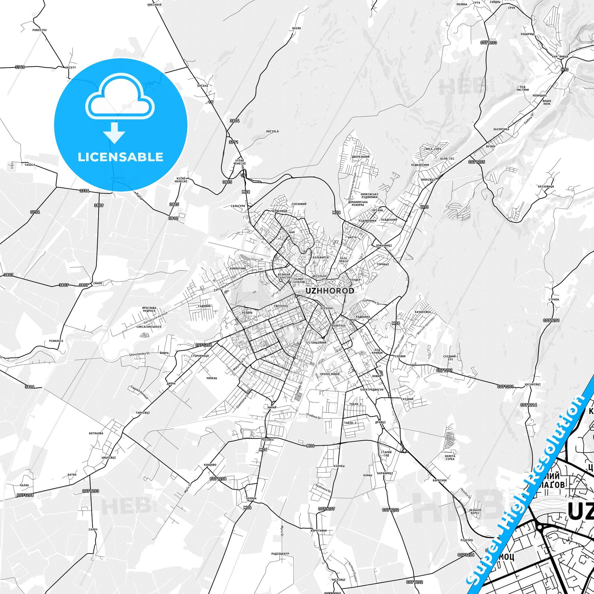 Uzhhorod, Ukraine light map with streetnames, citynames and districts
