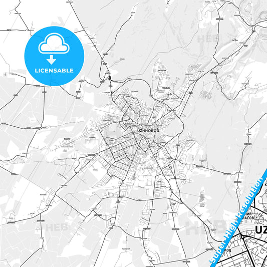 Uzhhorod, Ukraine light map with streetnames, citynames and districts