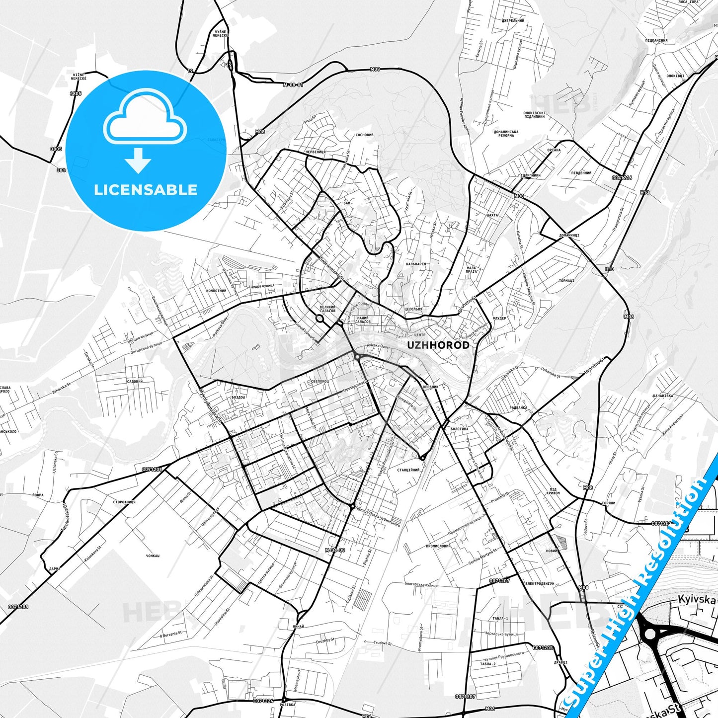 Uzhhorod, Ukraine Light Map with Street Names, City Names, and Districts