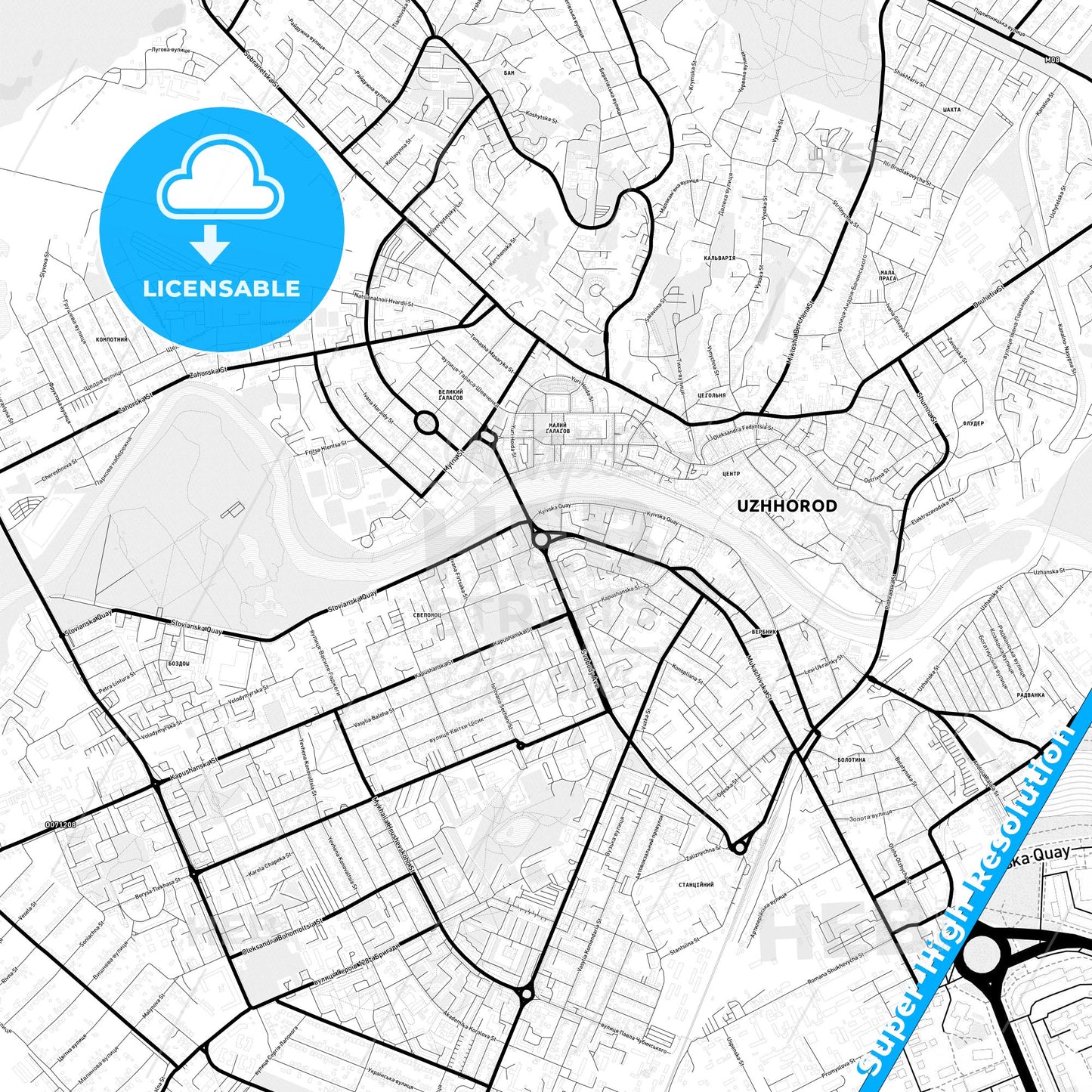 Uzhhorod, Ukraine Light Map with Street Names, City Names, and Districts