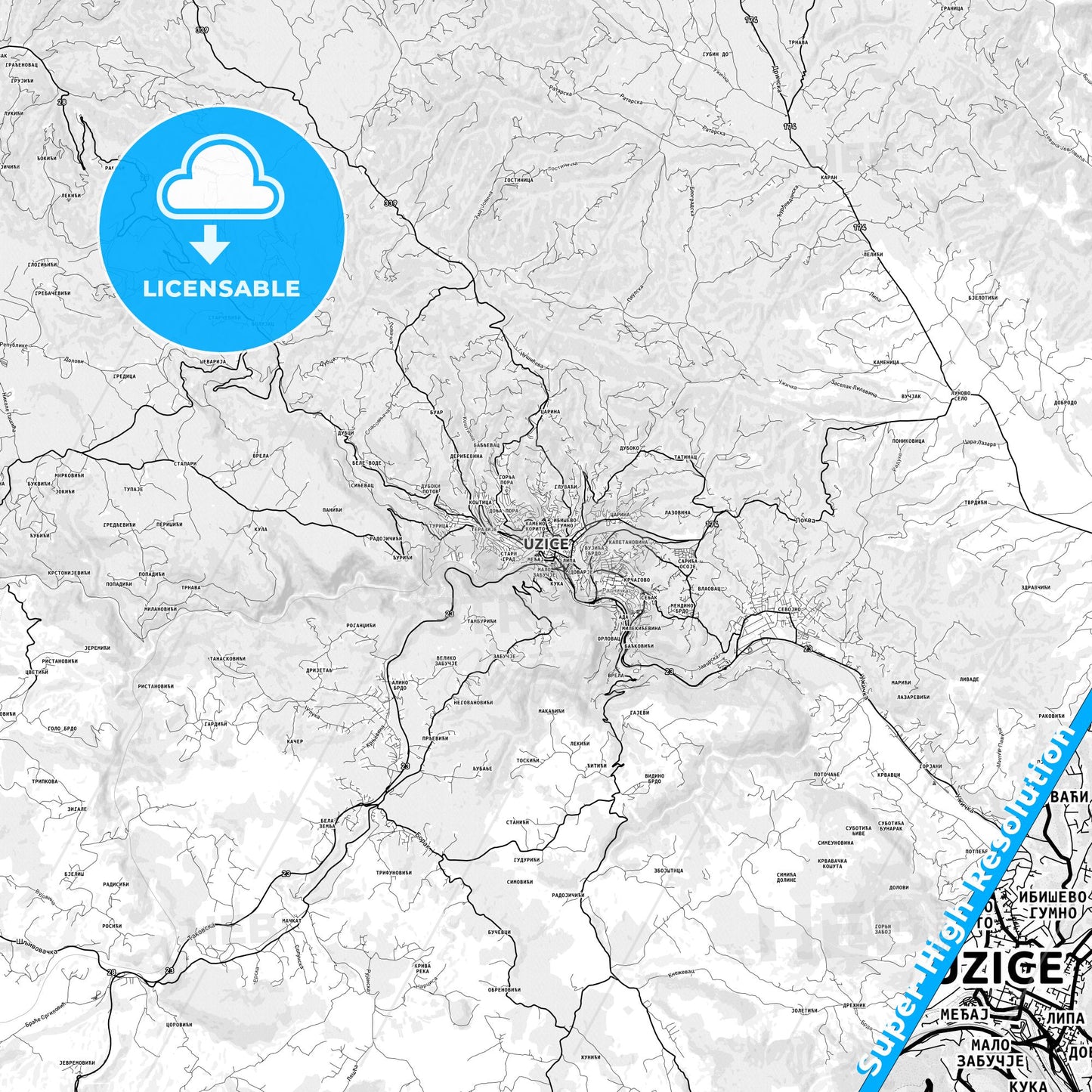 Užice, Serbia light map with streetnames, citynames and districts