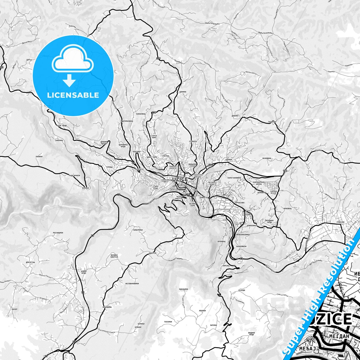 Užice, Serbia Light Map with Street Names, City Names, and Districts