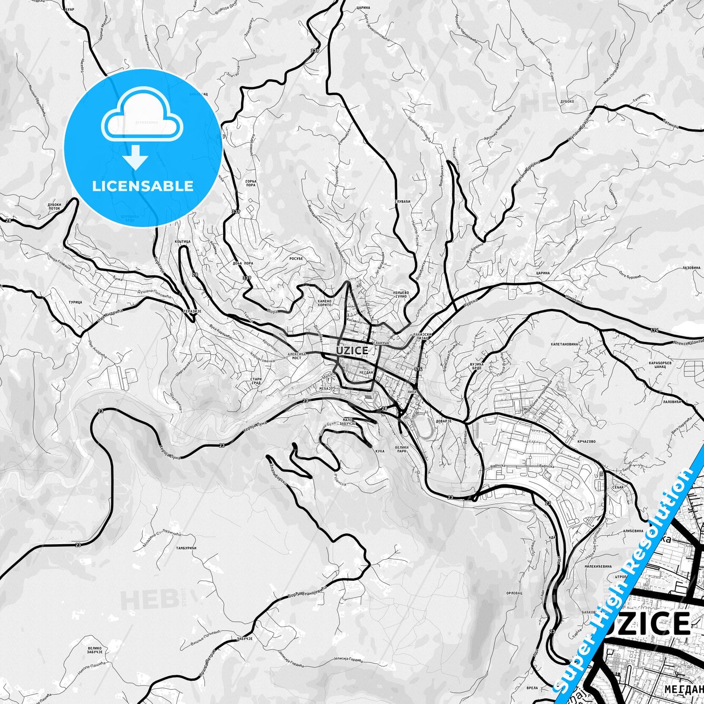 Užice, Serbia Light Map with Street Names, City Names, and Districts