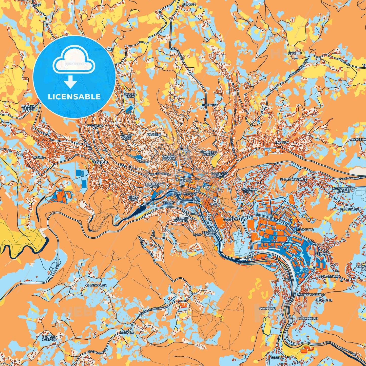 Colorful Užice Street Map with Labels and Buildings