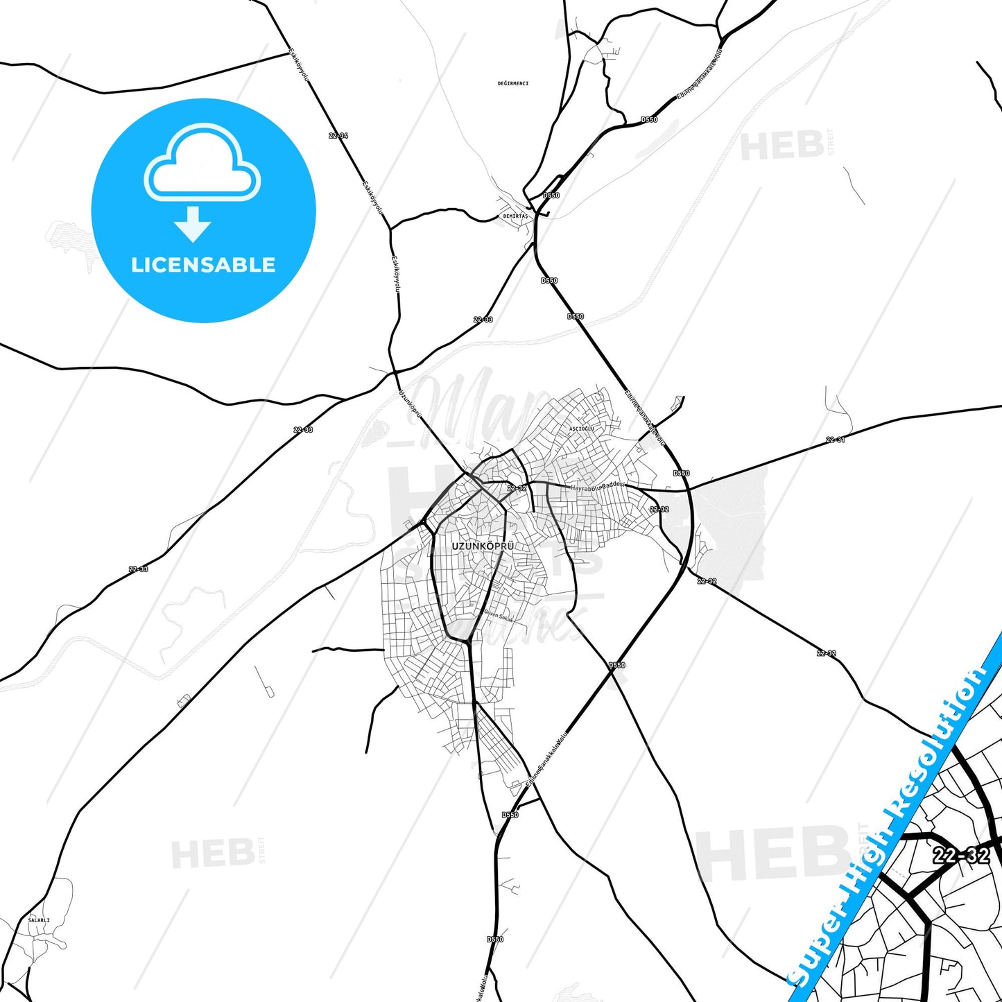 Uzunköprü, Turkey Light Map with Street Names, City Names, and Districts