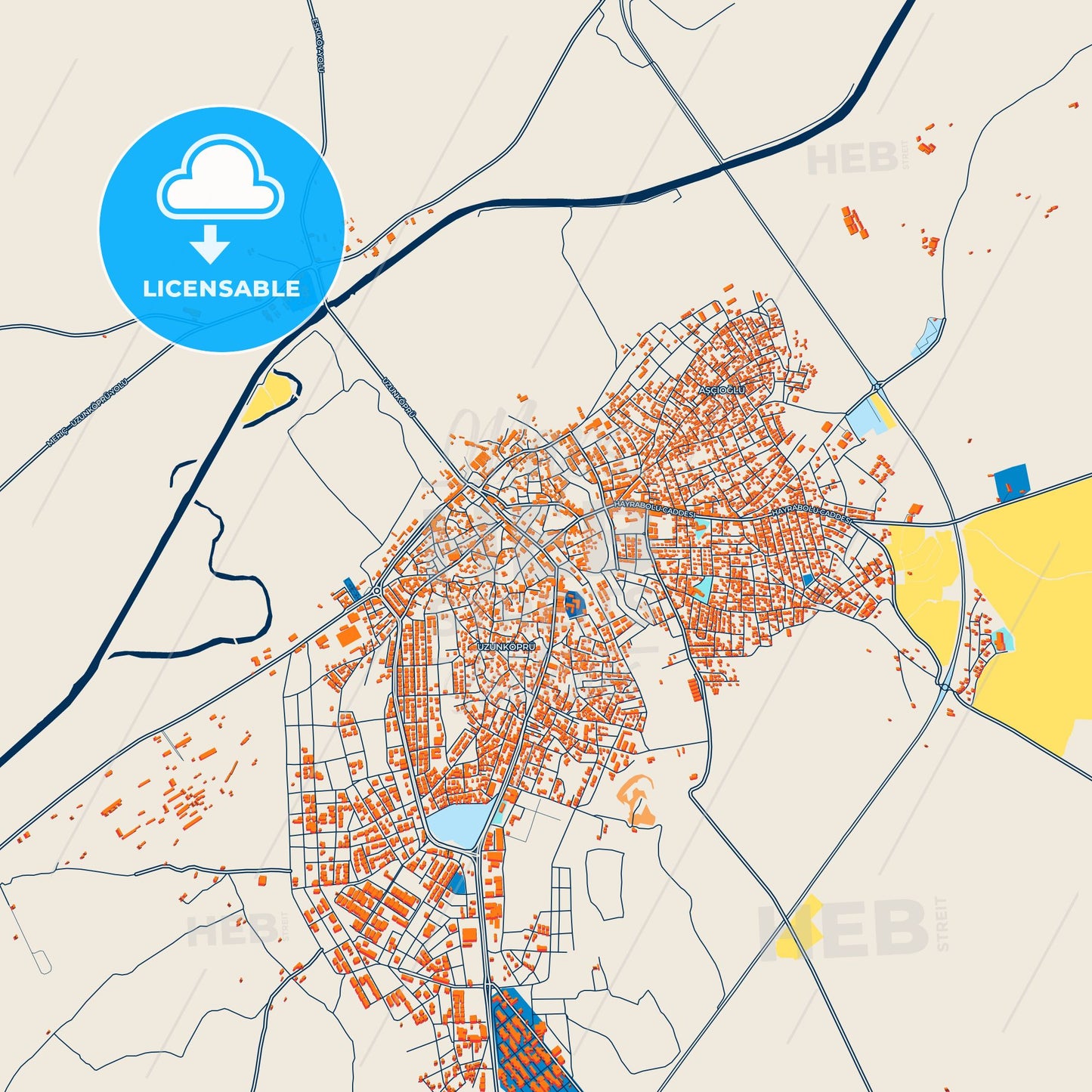 Colorful Uzunköprü Street Map with Labels and Buildings