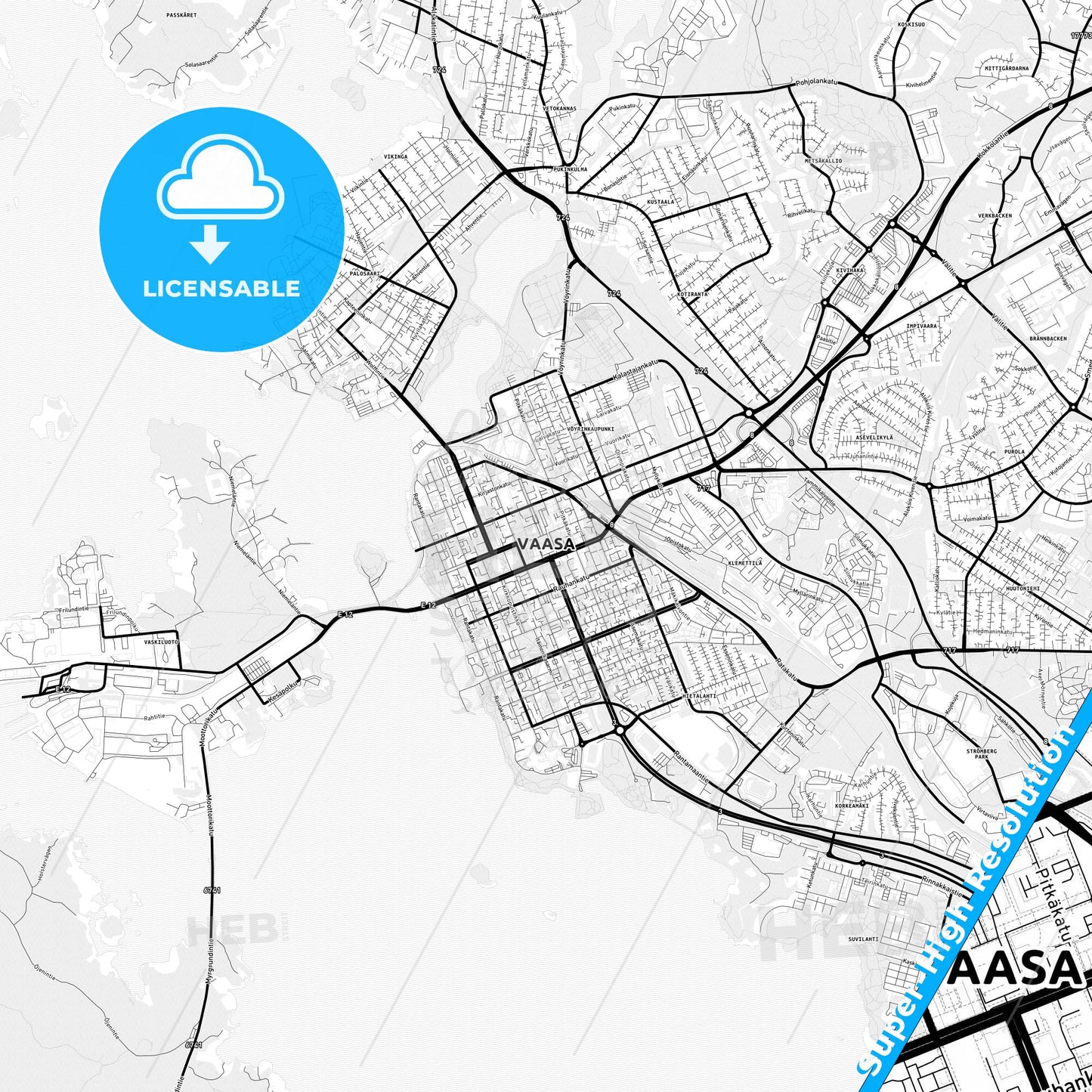 Vaasa, Finland Light Map with Street Names, City Names, and Districts