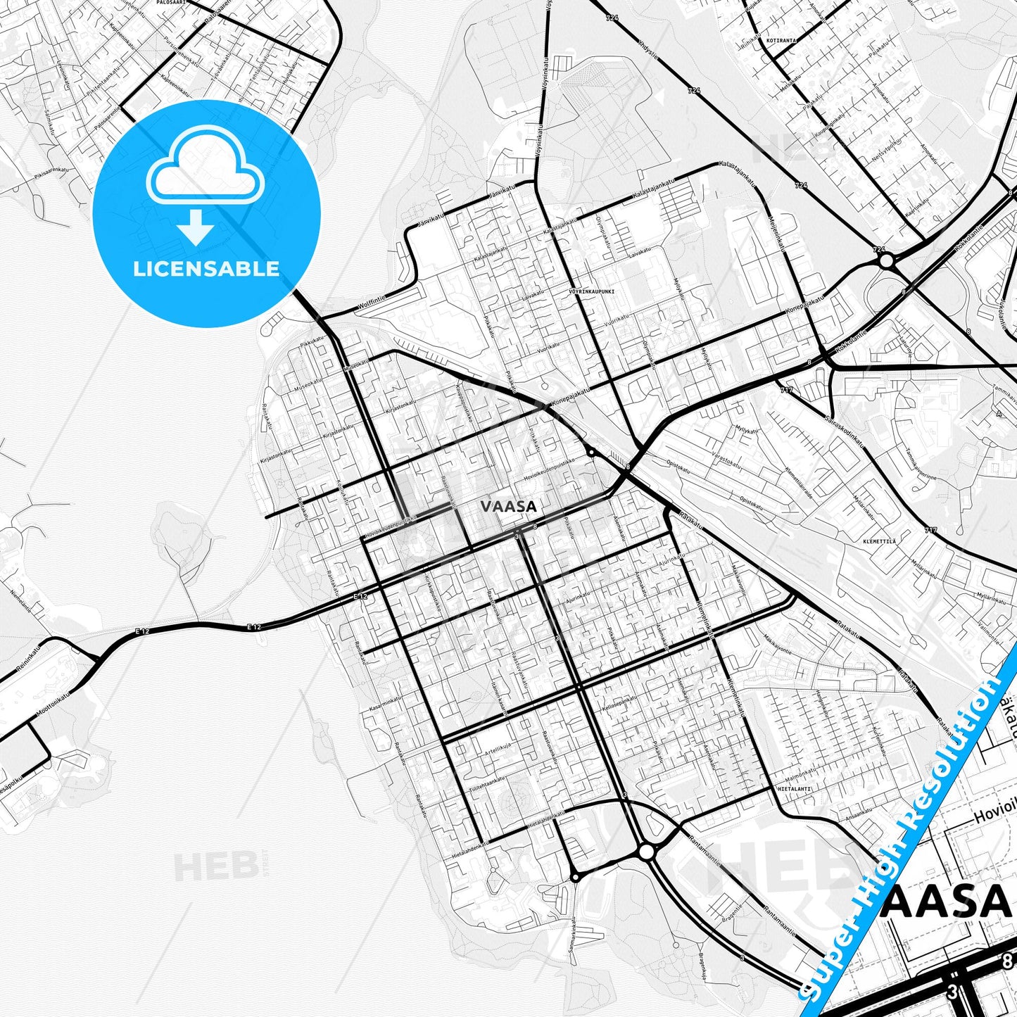 Vaasa, Finland Light Map with Street Names, City Names, and Districts