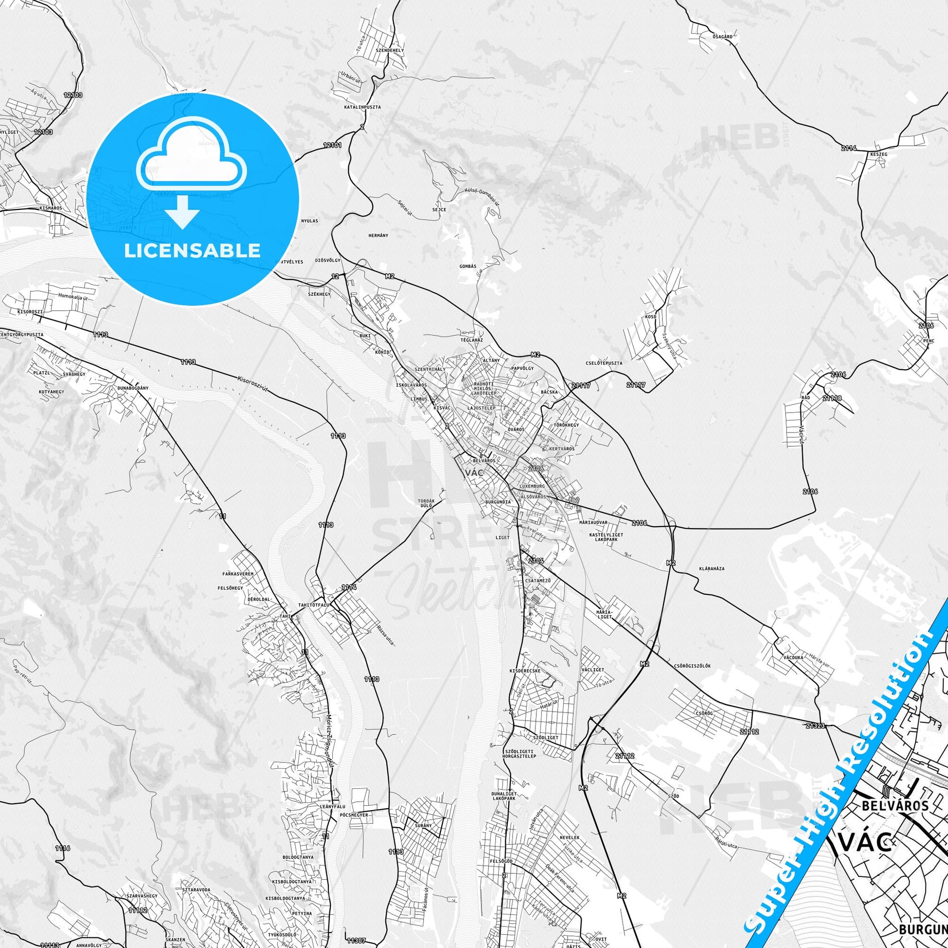 Vác, Hungary light map with streetnames, citynames and districts