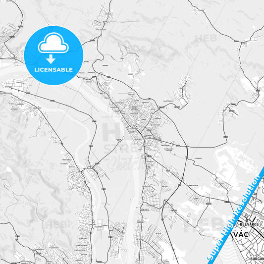 Vác, Hungary light map with streetnames, citynames and districts
