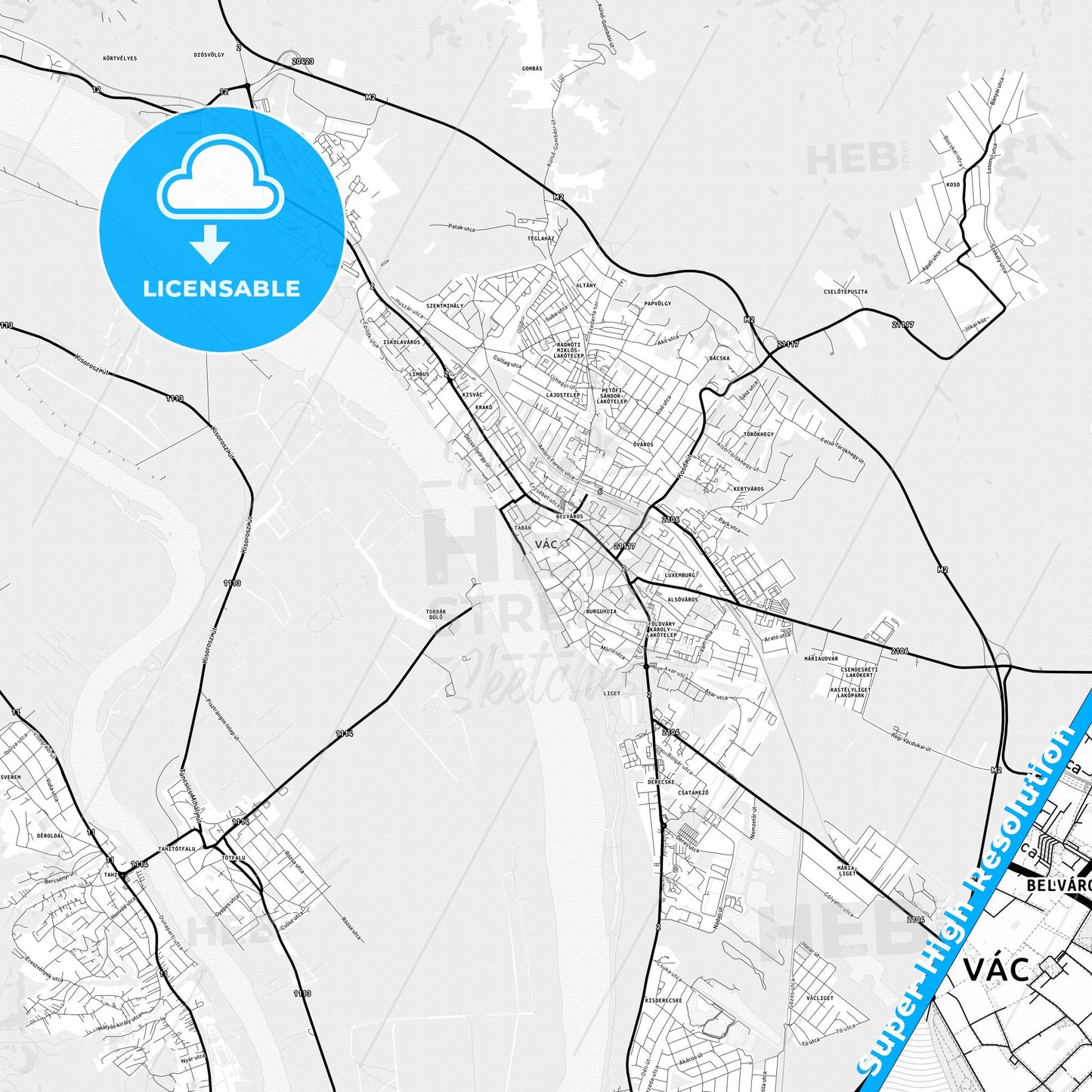 Vác, Hungary Light Map with Street Names, City Names, and Districts